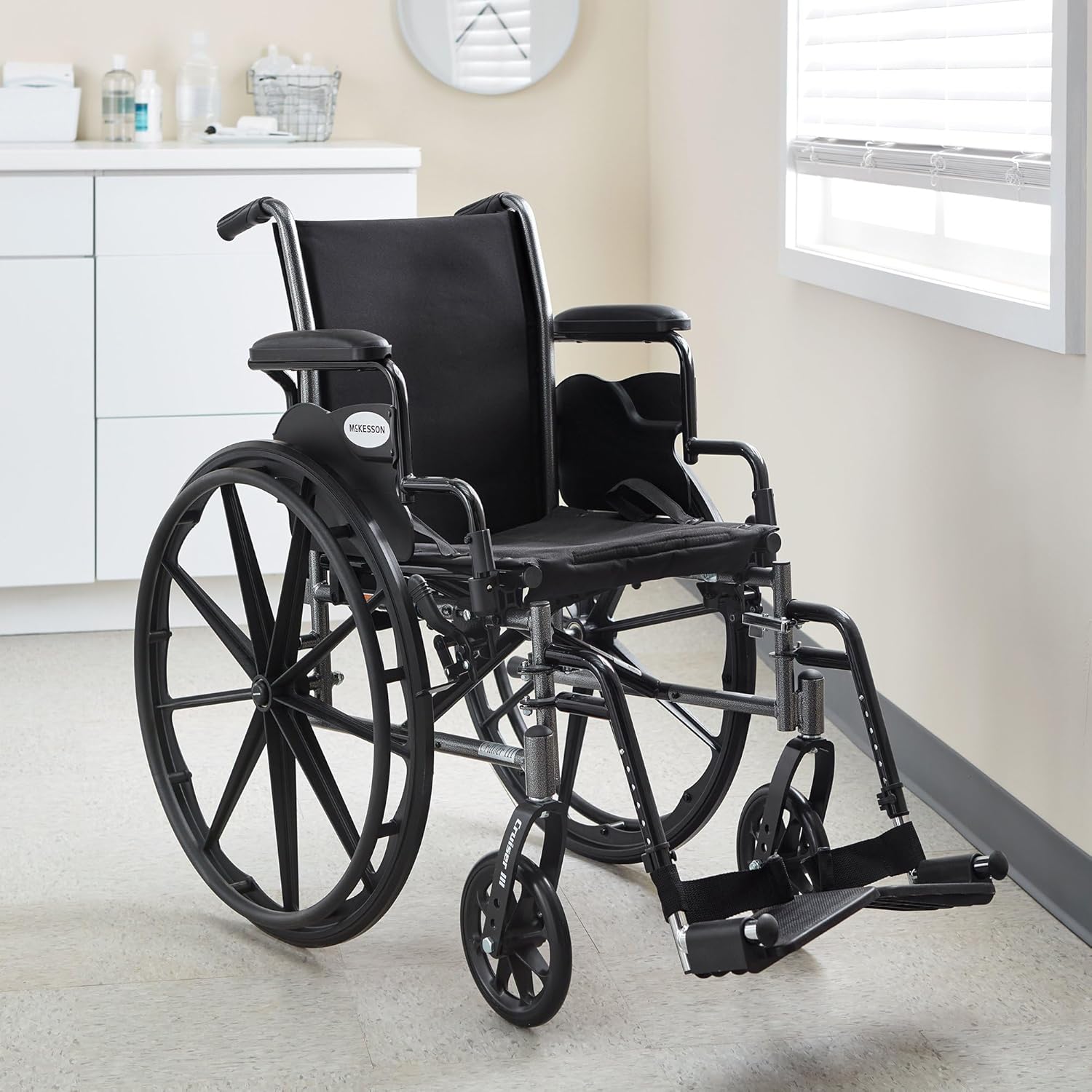 Lightweight Wheelchair McKesson Dual Axle Desk Length Arm Swing-Away Footrest Black Upholstery 16 Inch Seat Width Adult 300 lbs. Weight Capacity, Packaging Type- Each