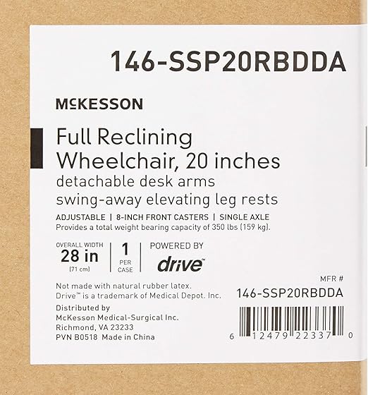 Reclining Wheelchair McKesson Desk Length Arm Swing-Away Elevating Legrest Black Upholstery 20 Inch Seat Width Adult 350 lbs. Weight Capacity, Packaging Type- Each
