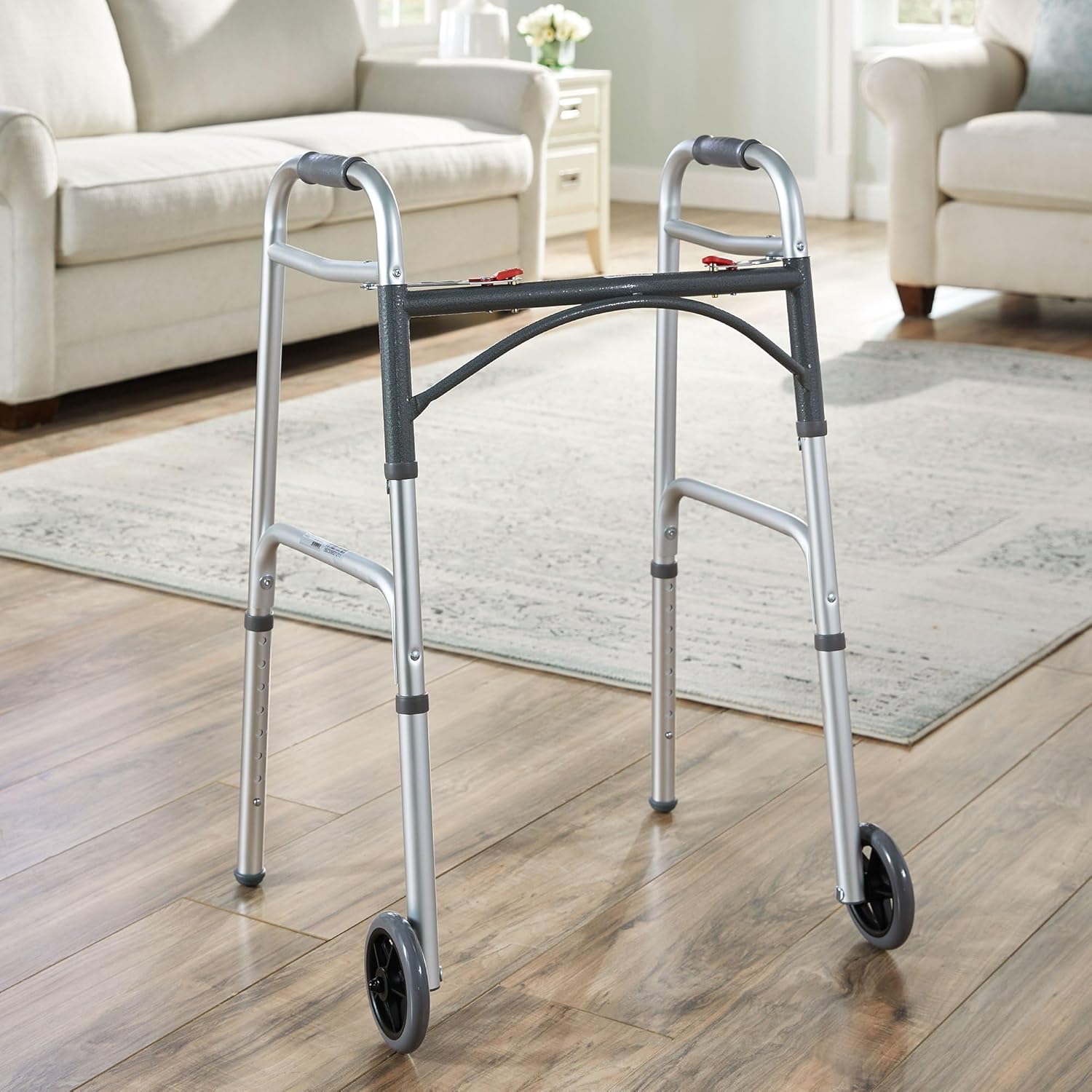 Dual Release Folding Walker with Wheels Adjustable Height McKesson Steel Frame 350 lbs. Weight Capacity 32 to 39 Inch Height, Packaging Type-Case
