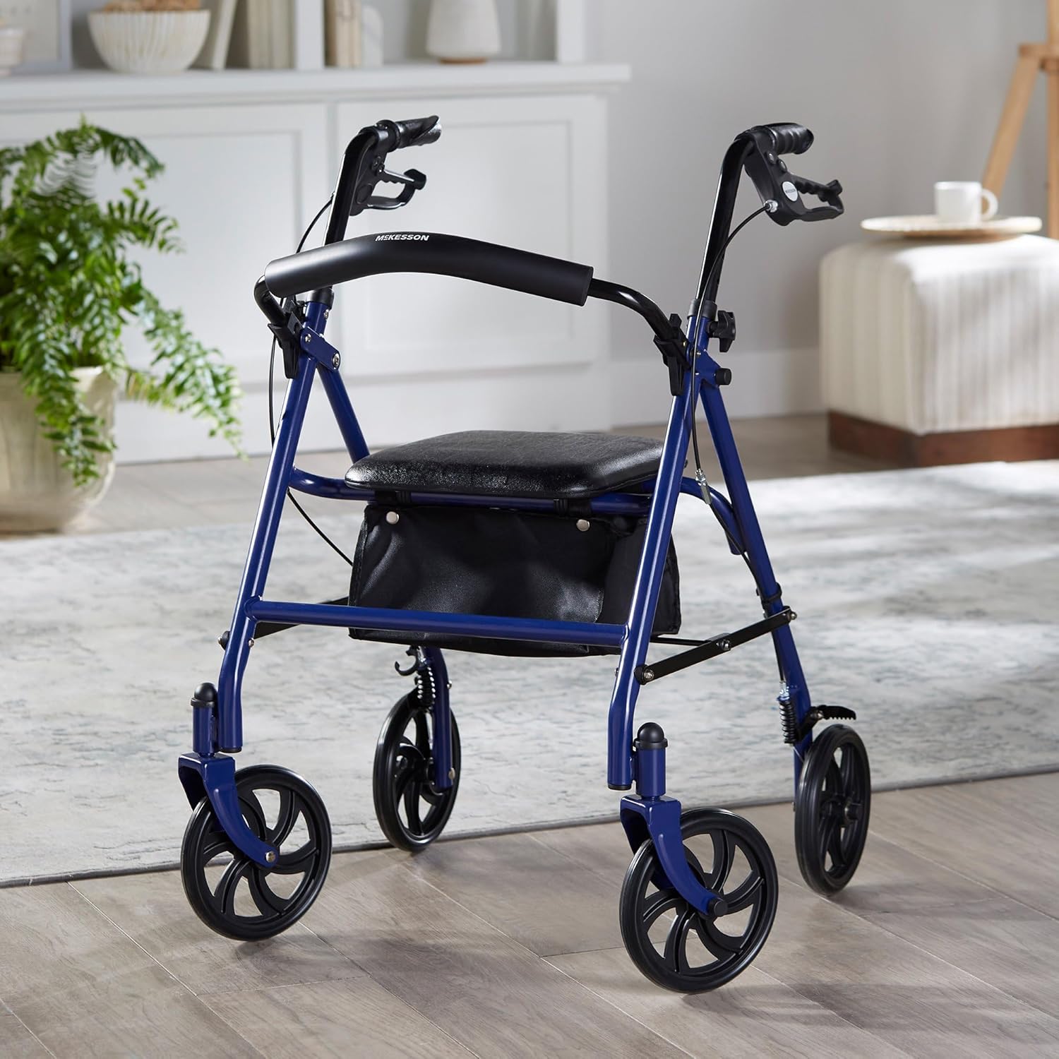 4 Wheel Rollator McKesson Blue Adjustable Height / Folding Aluminum Frame