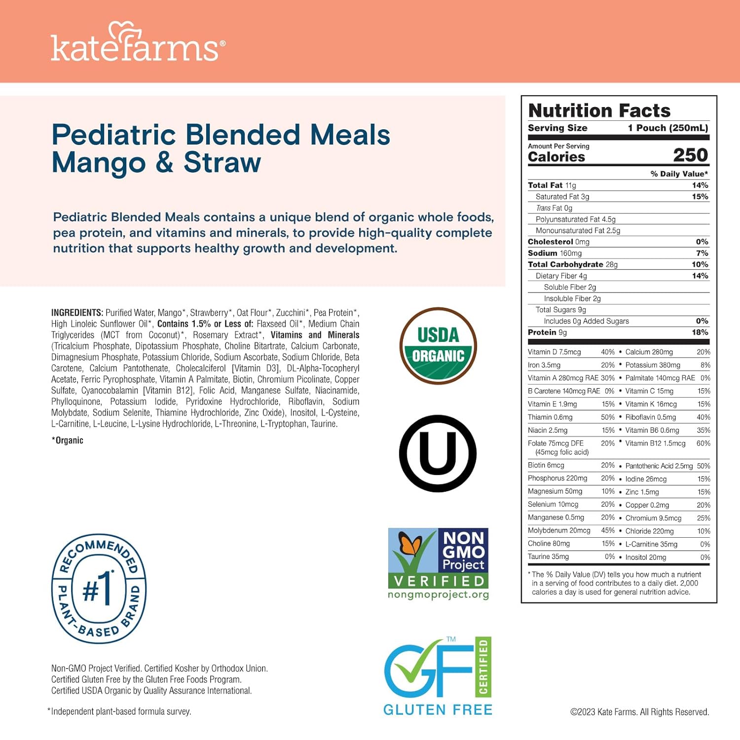 Pediatric Tube Feeding Formula Kate Farms Mango / Strawberry Flavor 8.45 oz. / 250 mL Pouch Liquid Organic Pea Protein,Packaging Type- Each