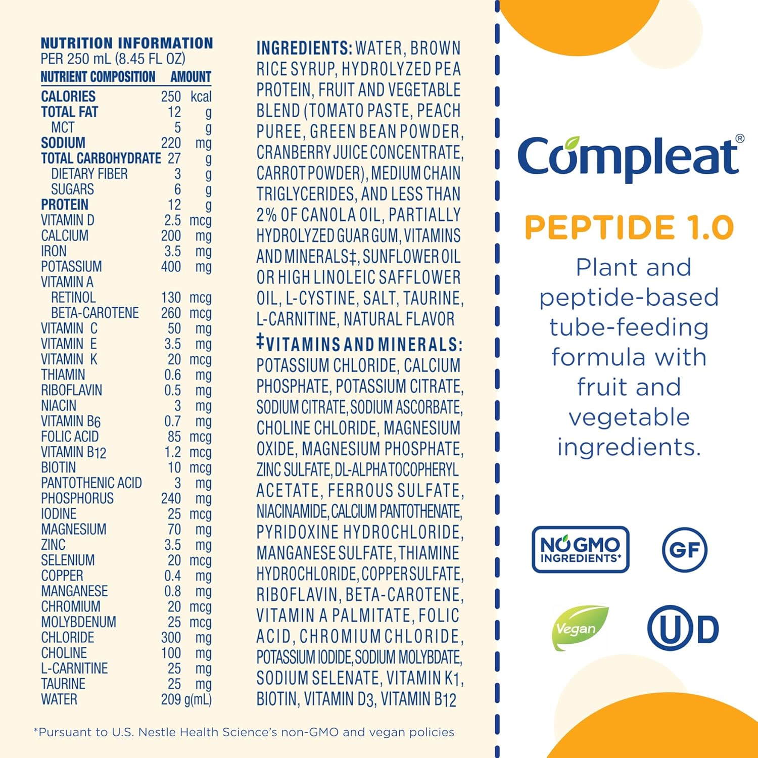 Tube Feeding Formula Compleat Peptide 1.0 Vegetable / Fruit Medley Flavor Liquid 250 mL Reclosable Carton,Packaging Type- Each