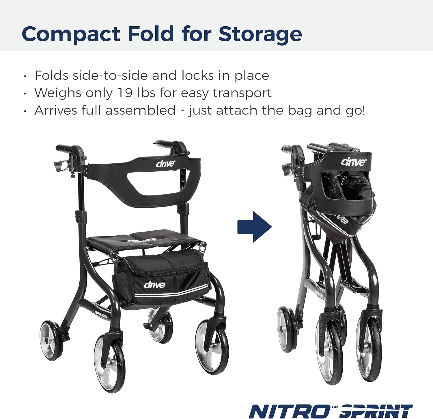 4 Wheel Rollator drive Nitro Black Adjustable Height / Folding Aluminum Frame