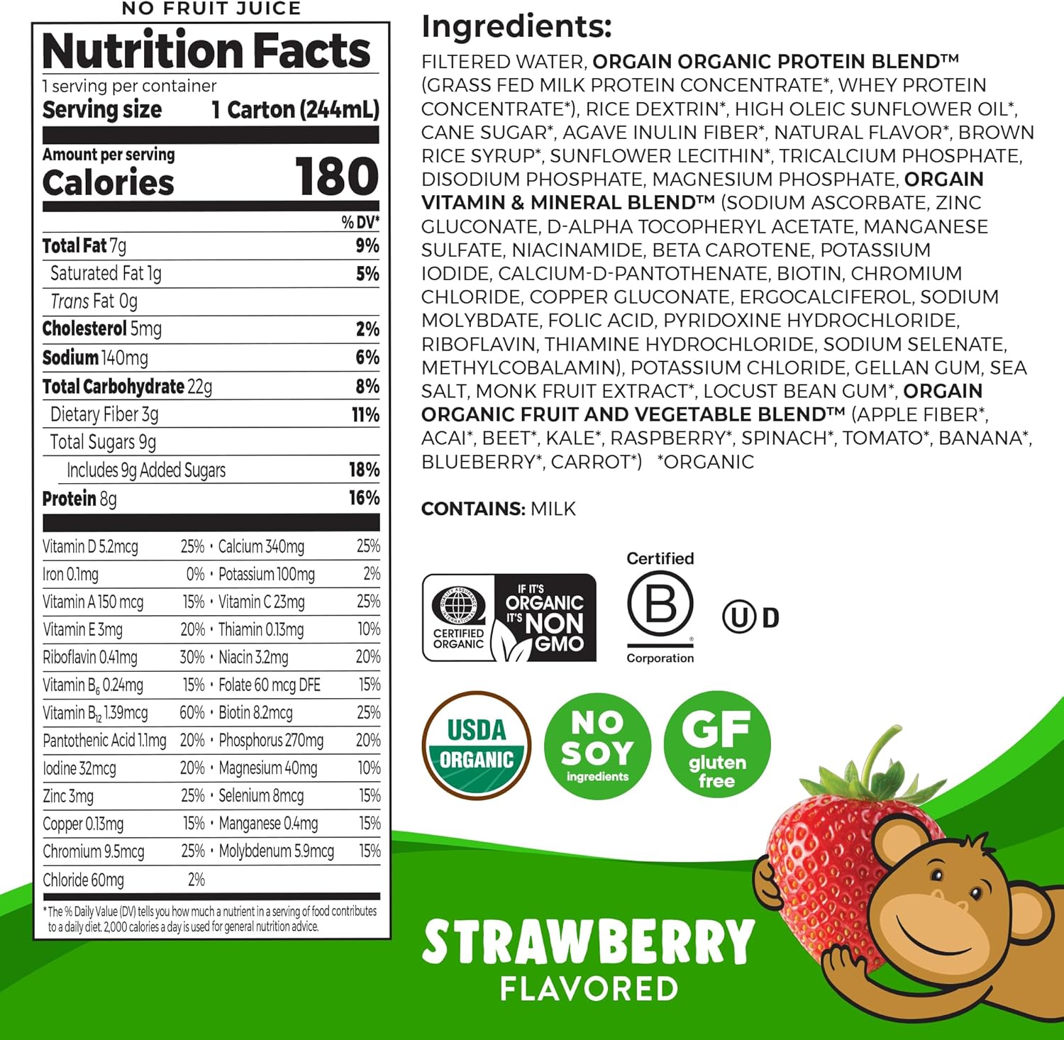 Pediatric Oral Supplement Orgain Kids Protein Organic Nutritional Shake Strawberry Flavor 8.25 oz. Carton Liquid Organic,Packaging Type- Each