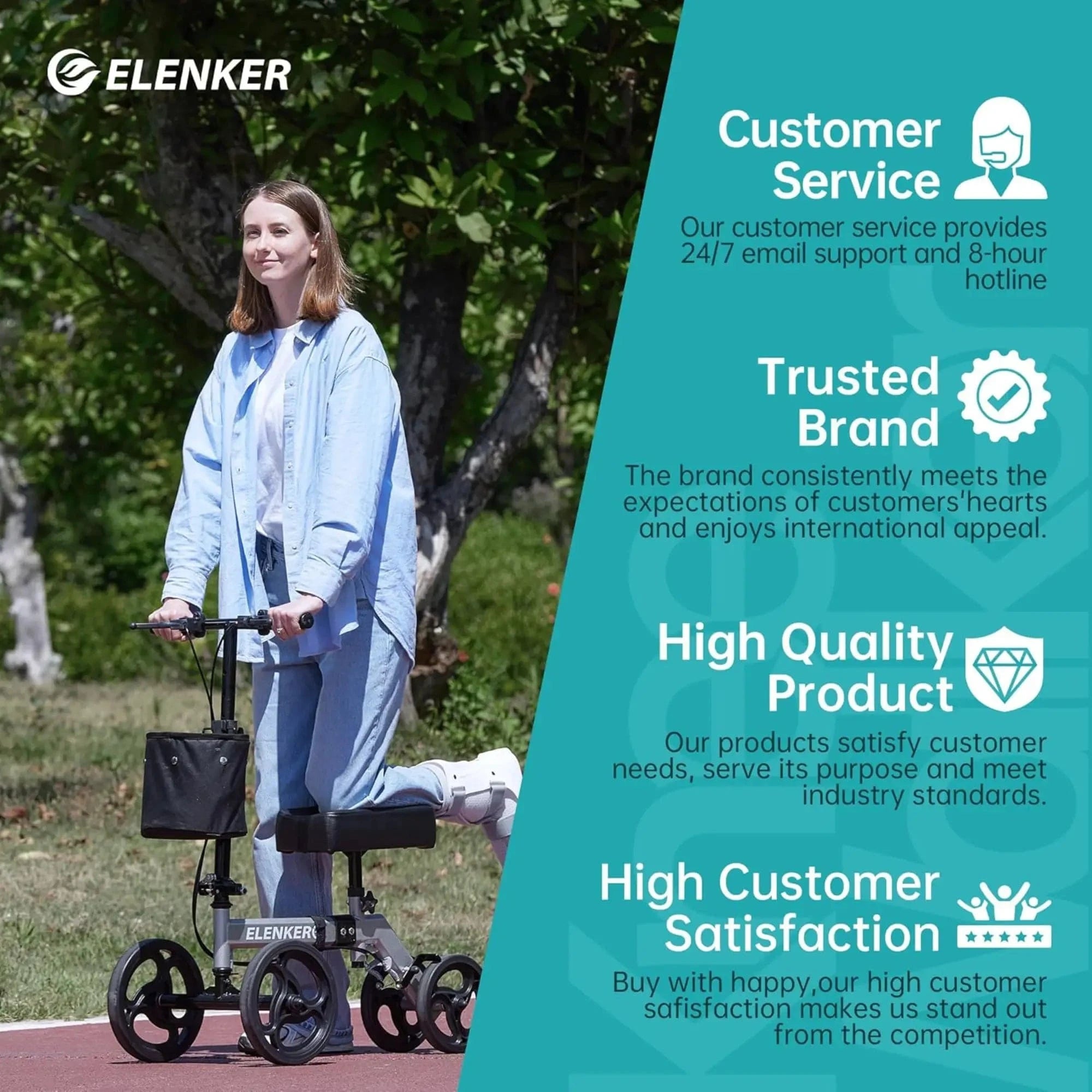ELENKER YF-9003C Steerable Knee Walker Deluxe Medical Scooter for Foot Injuries Compact Crutches Alternative