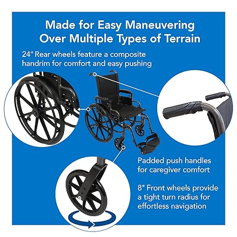Probasics K2 Wheelchair with flip-back height adjustable padded removable desk length arm rests and Elevating Leg rest ,8" x 1" Front 24" Back Wheels ,300 lbs Weight Capacity ,18" x 16" ,WC21816DE