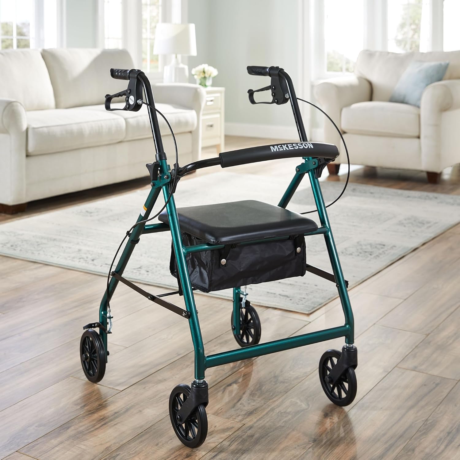 4 Wheel Rollator McKesson Green Adjustable Height / Folding Aluminum Frame