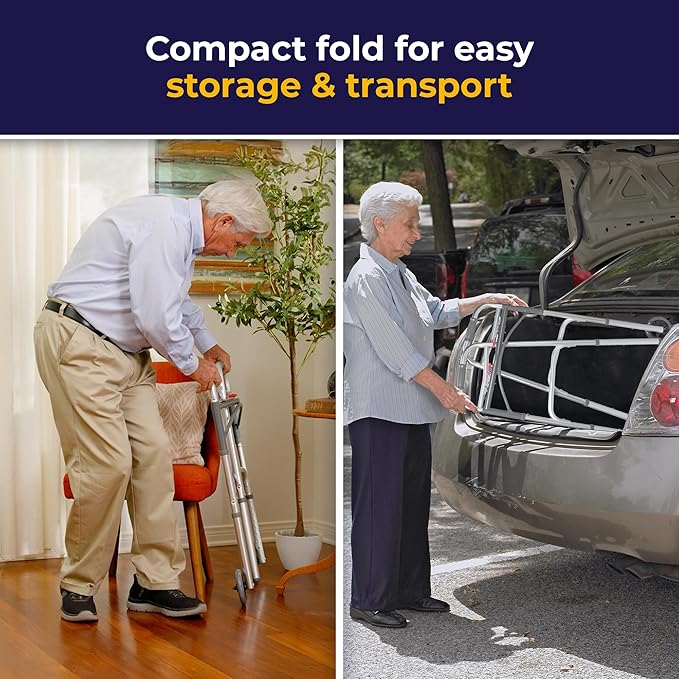 Deluxe Dual Release Folding Walker with Wheels Adjustable Height drive Deluxe Aluminum Frame 350 lbs. Weight Capacity 25 to 32-1/4 Inch Height, Packaging Type- Each