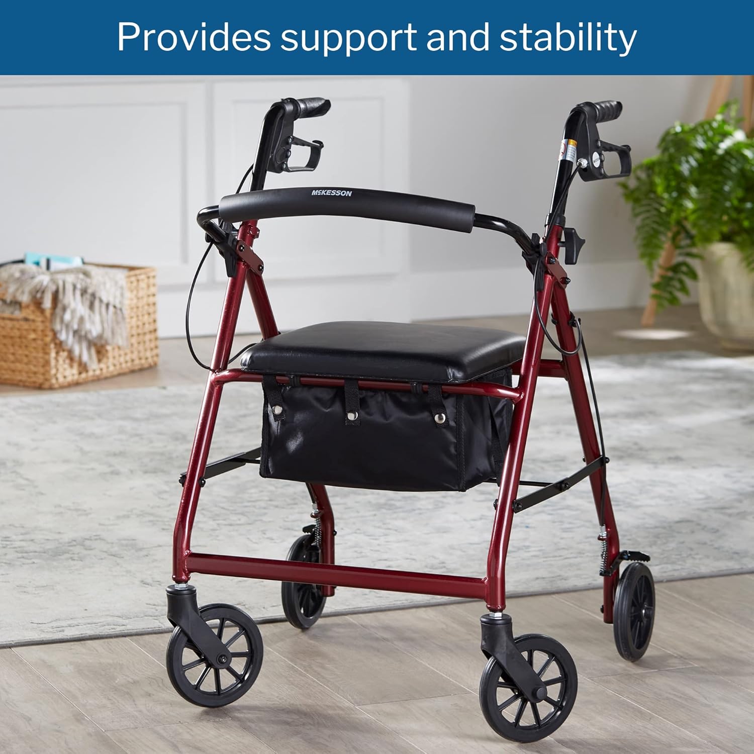 4 Wheel Rollator McKesson Red Adjustable Height / Folding Aluminum Frame