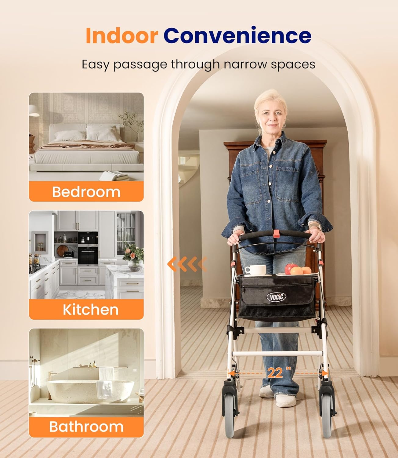 VOCIC Z32 Slim Foldable Indoor Rollator– Lightweight Indoor Walker with 360degree Wheels, Non-Slip Tires & 110kg Capacity