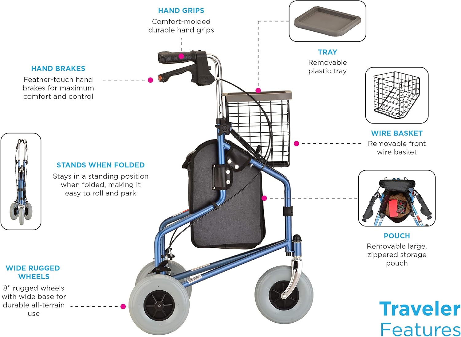 3 Wheel Rollator Traveler Red Adjustable Height / Folding Aluminum Frame, Packaging Type- Each