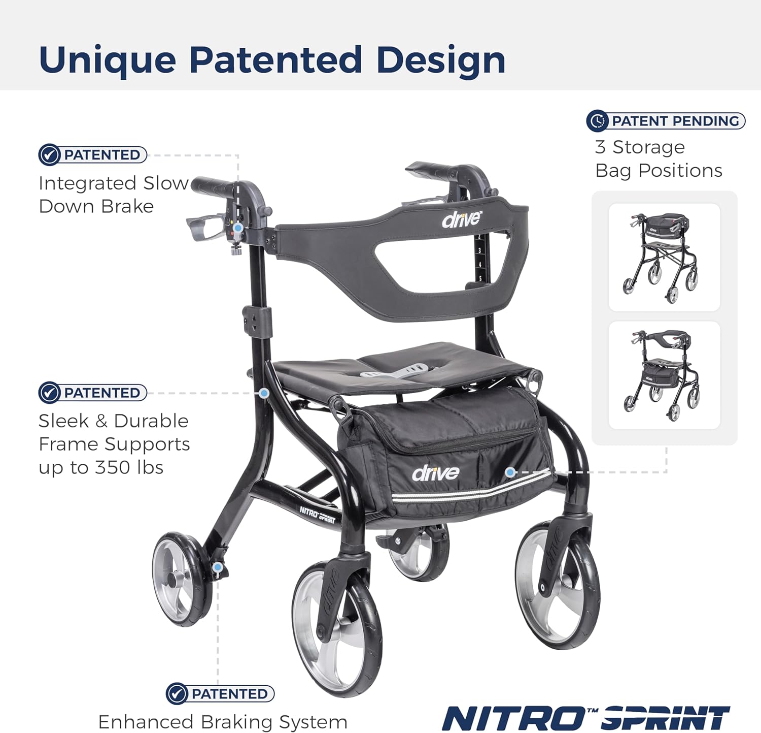 4 Wheel Rollator drive Nitro Black Adjustable Height / Folding Aluminum Frame