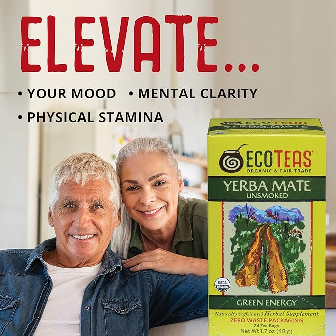 Ecoteas Organic Yerba Mate Unsmoked Green Energy Tea Bags - Case Of 6 - 24 Bags
