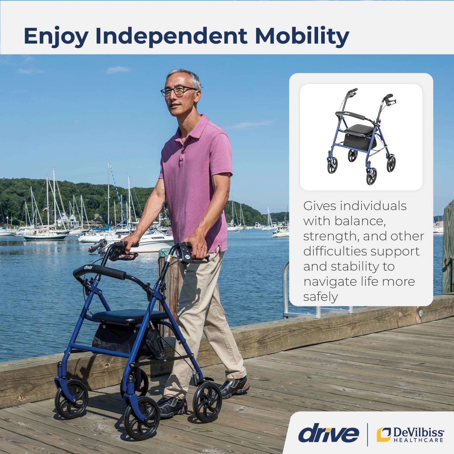 4 Wheel Rollator drive Blue Adjustable Height / Folding Steel Frame