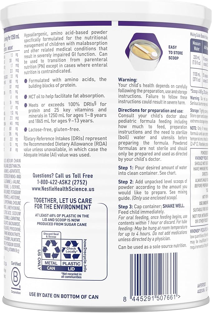 Pediatric Oral Supplement Vivonex Pediatric Unflavored 400 Gram Can Powder Amino Acid,Packaging Type- Each