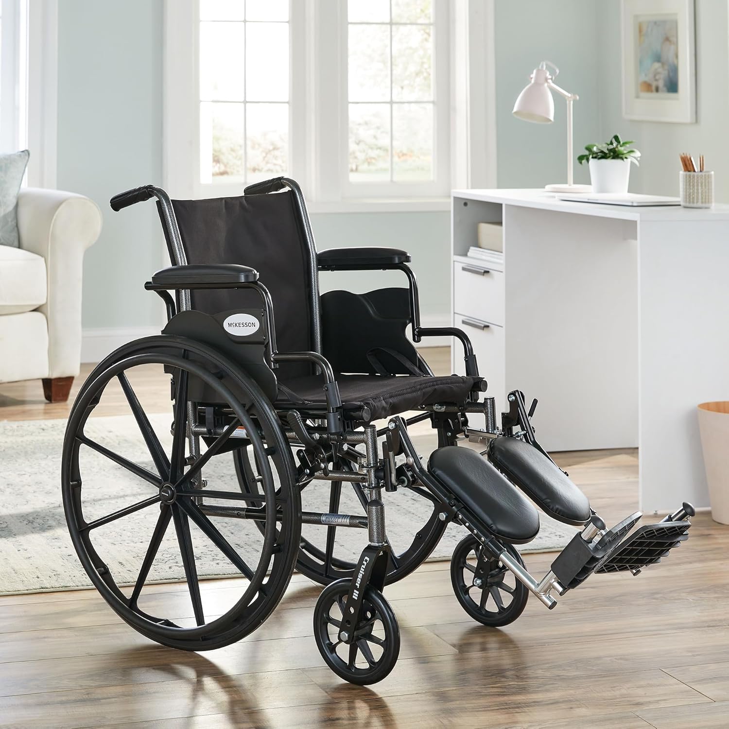 Wheelchair McKesson Dual Axle Desk Length Arm Swing-Away Elevating Legrest Black Upholstery 20 Inch Seat Width Adult 350 lbs. Weight Capacity, Packaging Type- Each