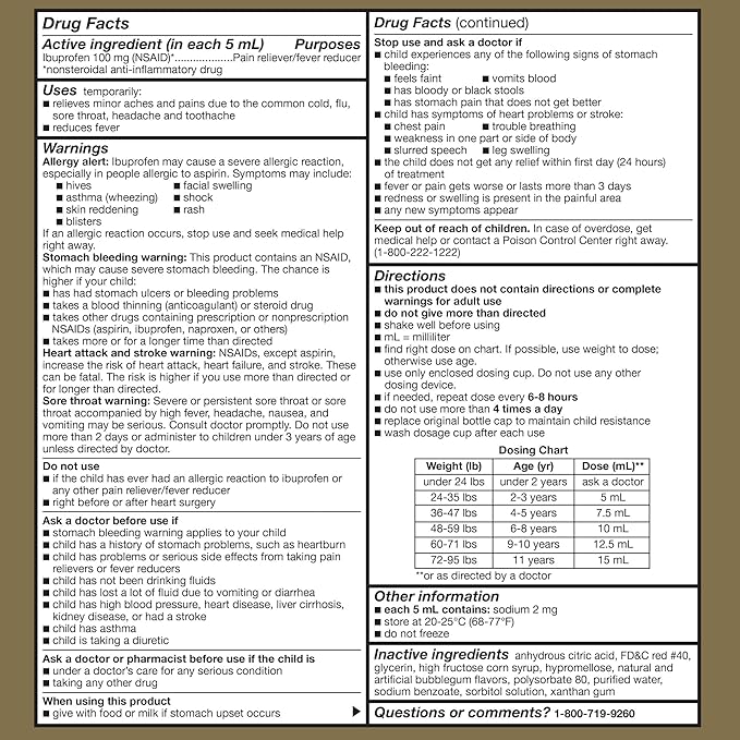 Children's Pain Relief Perrigo 100 mg / 5 mL Strength Ibuprofen Oral Suspension 4 oz.,Packaging Type- Each