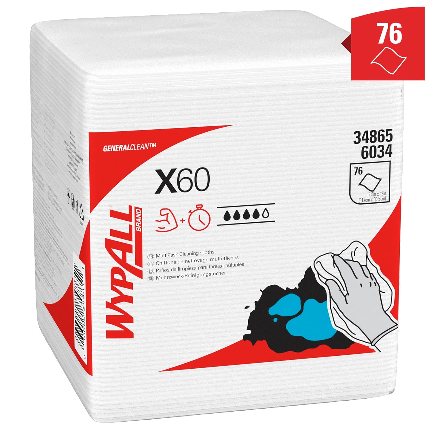 Toallita húmeda WypAll X60 de uso ligero, blanca, no estéril, de celulosa/polipropileno, 30 x 31,7 cm, reutilizable, tipo de embalaje: caja