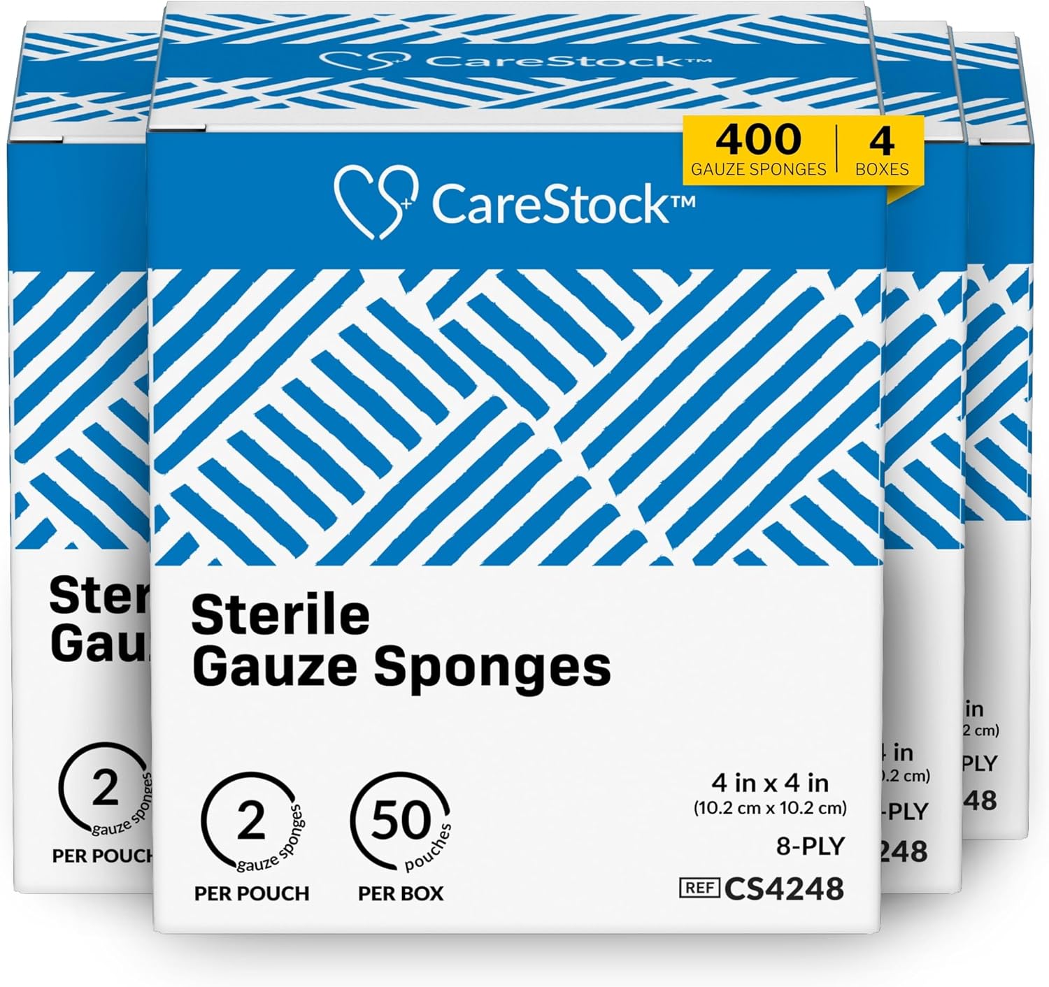 CareStock Sterile Gauze Sponges – 4 × 4 in 8-Ply White Cotton, Latex-Free (Case: 12 Boxes × 50 Packs × 2 = 1,200 Packs) | HCPCS A6402
