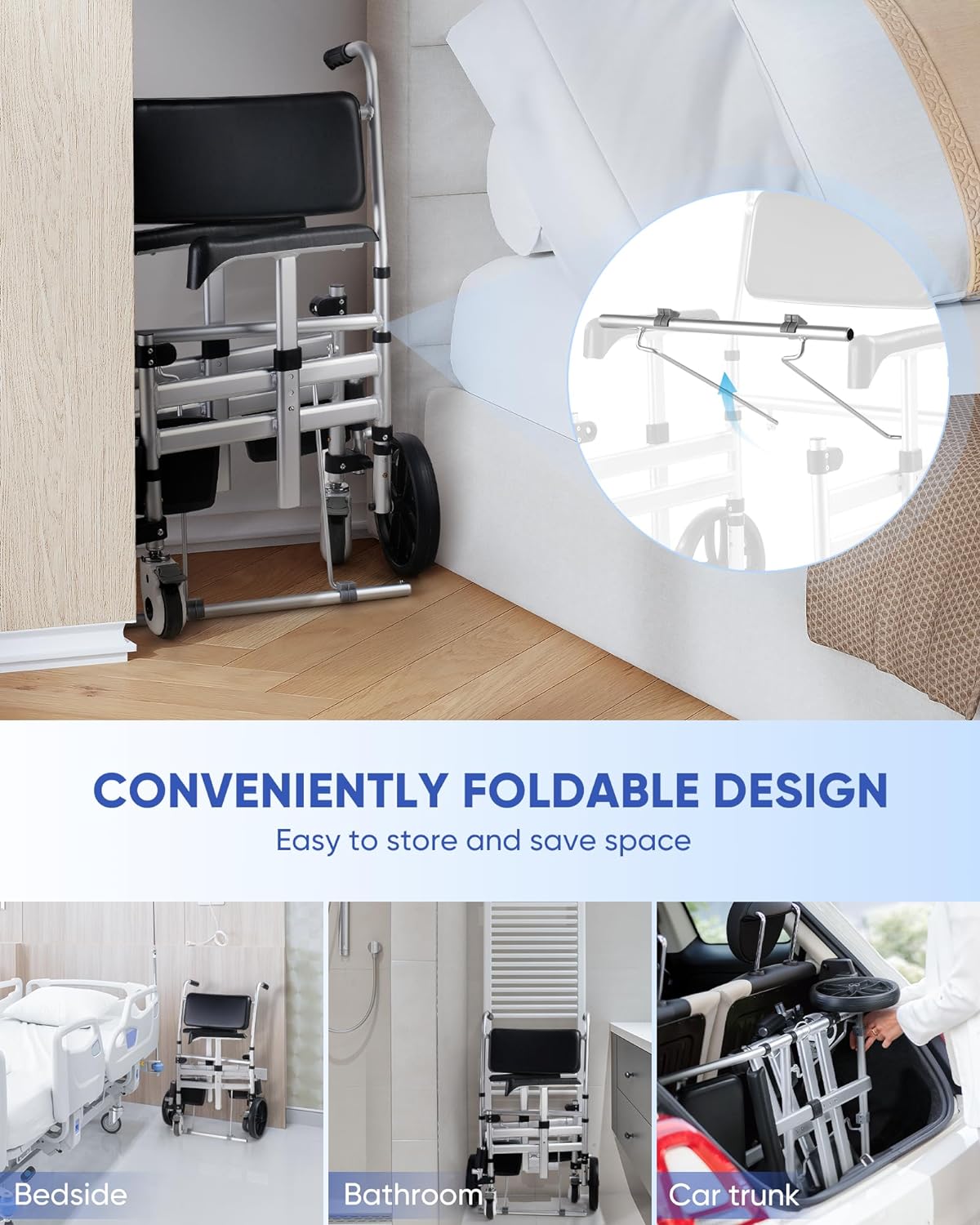 Shower Chair with Wheels,Hybodies Folding Shower Wheel, Transport Chair,Commode, Rolling Bath Chair for Handicap,Elderly&Injured