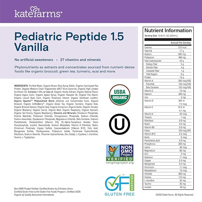 Pediatric Oral Supplement Kate Farms Pediatric Peptide 1.5 Vanilla Flavor 8.45 oz. Carton Liquid Organic Hydrolyzed Pea Protein,Packaging Type- Each