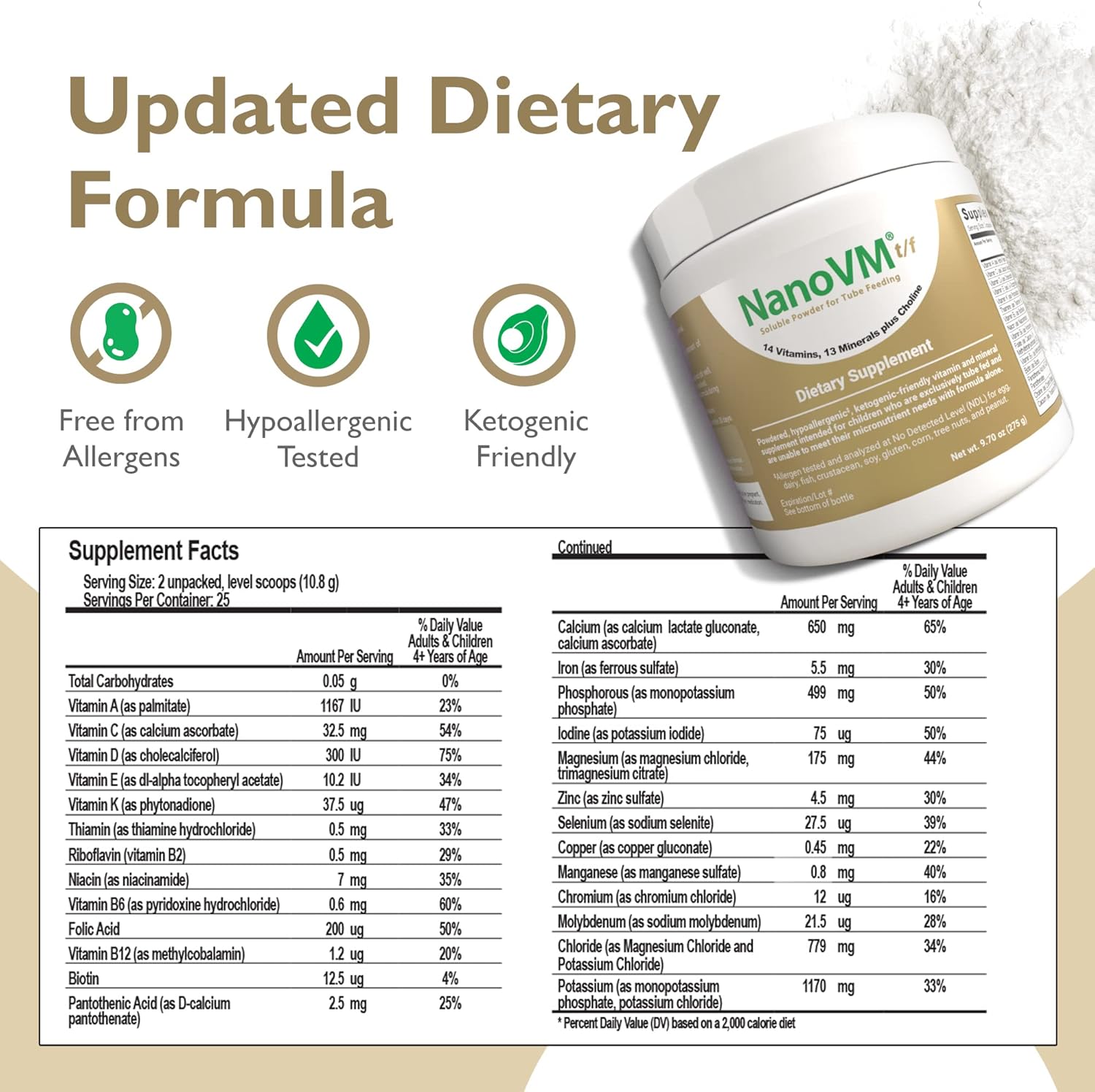 Pediatric Tube Feeding Formula NanoVM tf Unflavored 275 Gram Jar Powder Vitamins / Minerals Food Allergies,Packaging Type- Each