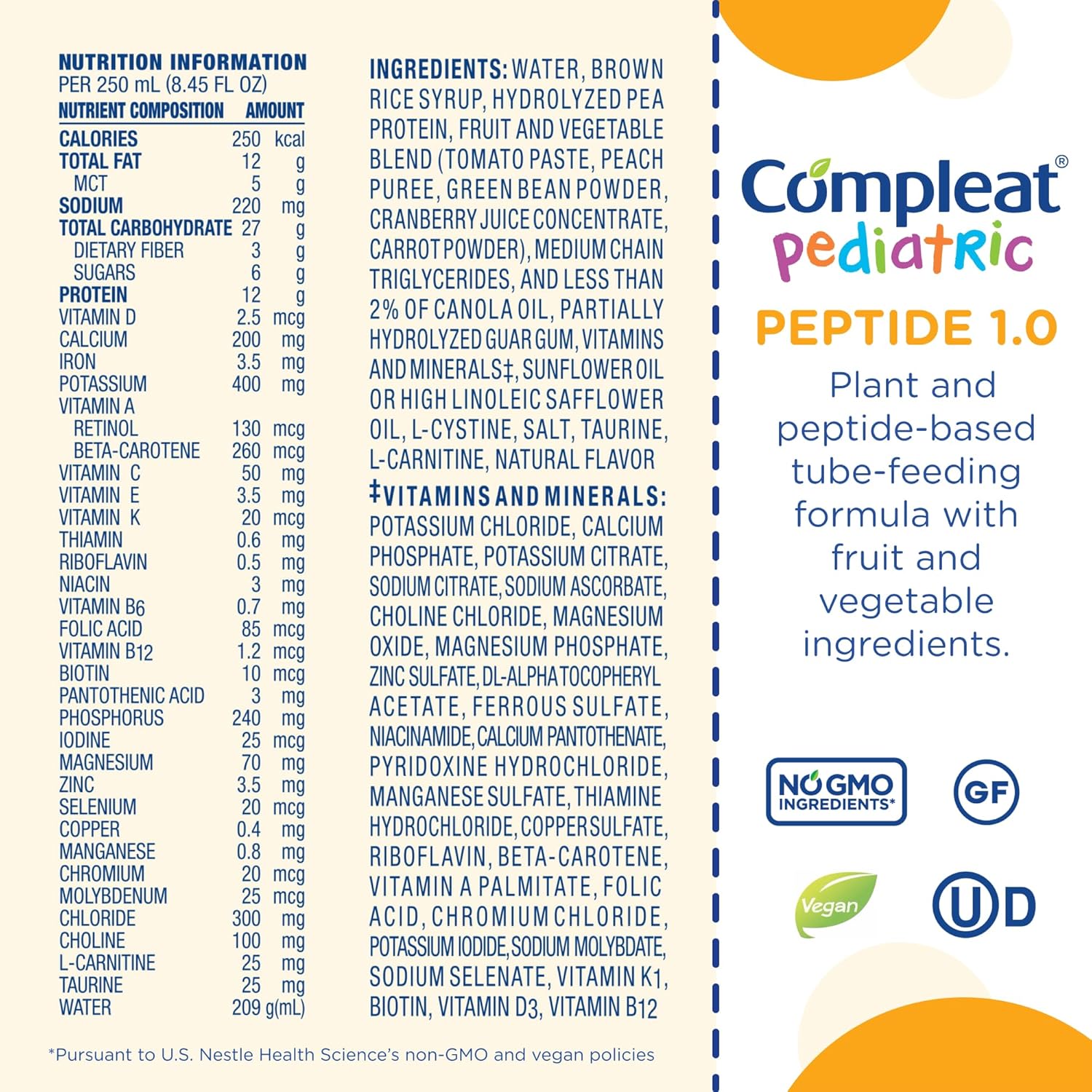 Pediatric Tube Feeding Formula Compleat Pediatric Peptide 1.0 Vegetable / Fruit Medley Flavor 250 mL Reclosable Carton Liquid Plant Based,Packaging Type- Each