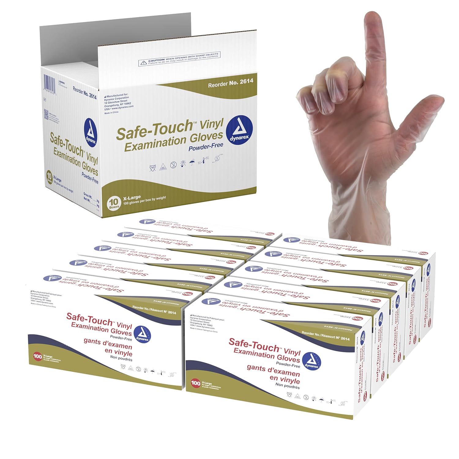 dynarex safe touch vinyl exam gloves powder free 100bx 10cs