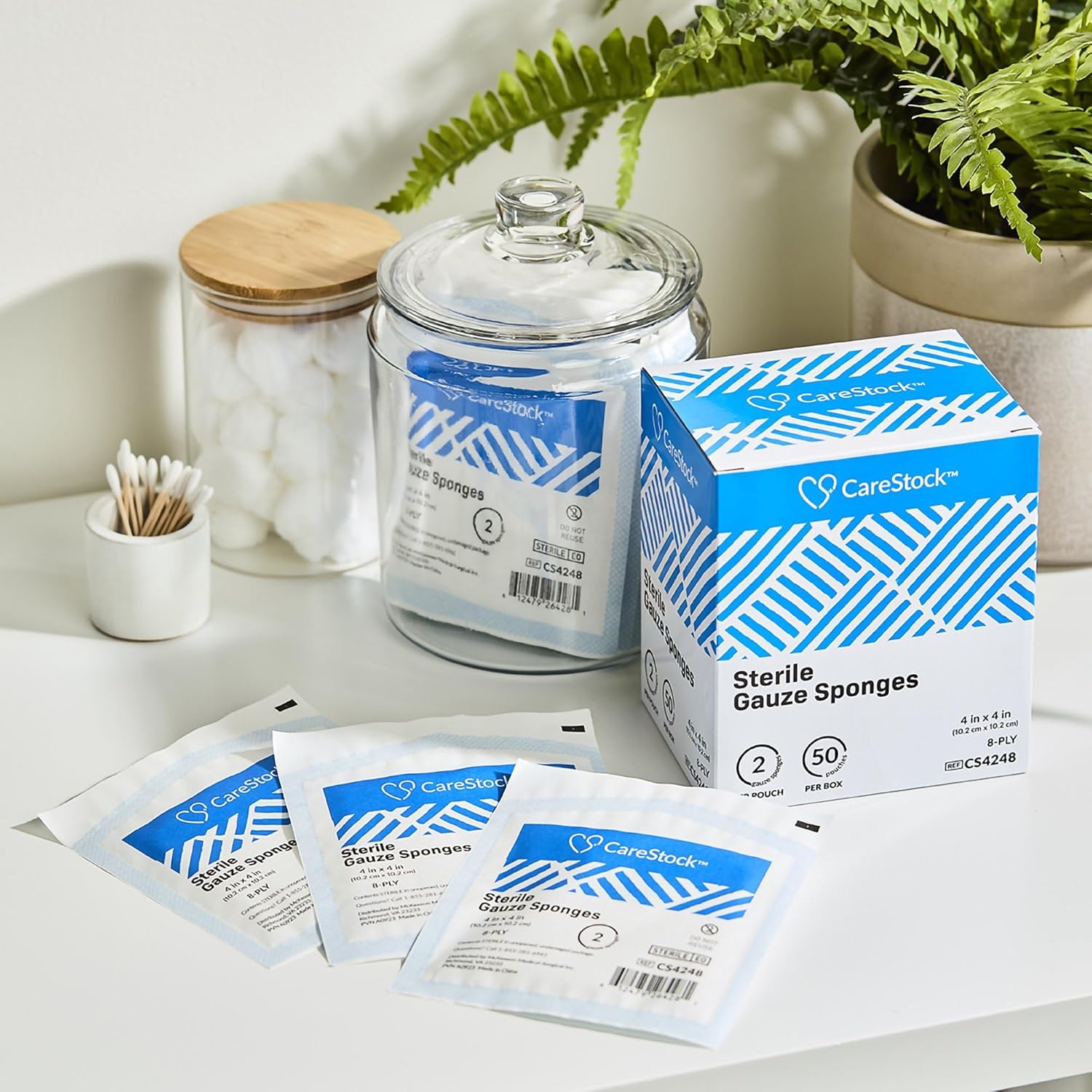 CareStock Sterile Gauze Sponges – 4 × 4 in 8-Ply White Cotton, Latex-Free (Case: 12 Boxes × 50 Packs × 2 = 1,200 Packs) | HCPCS A6402