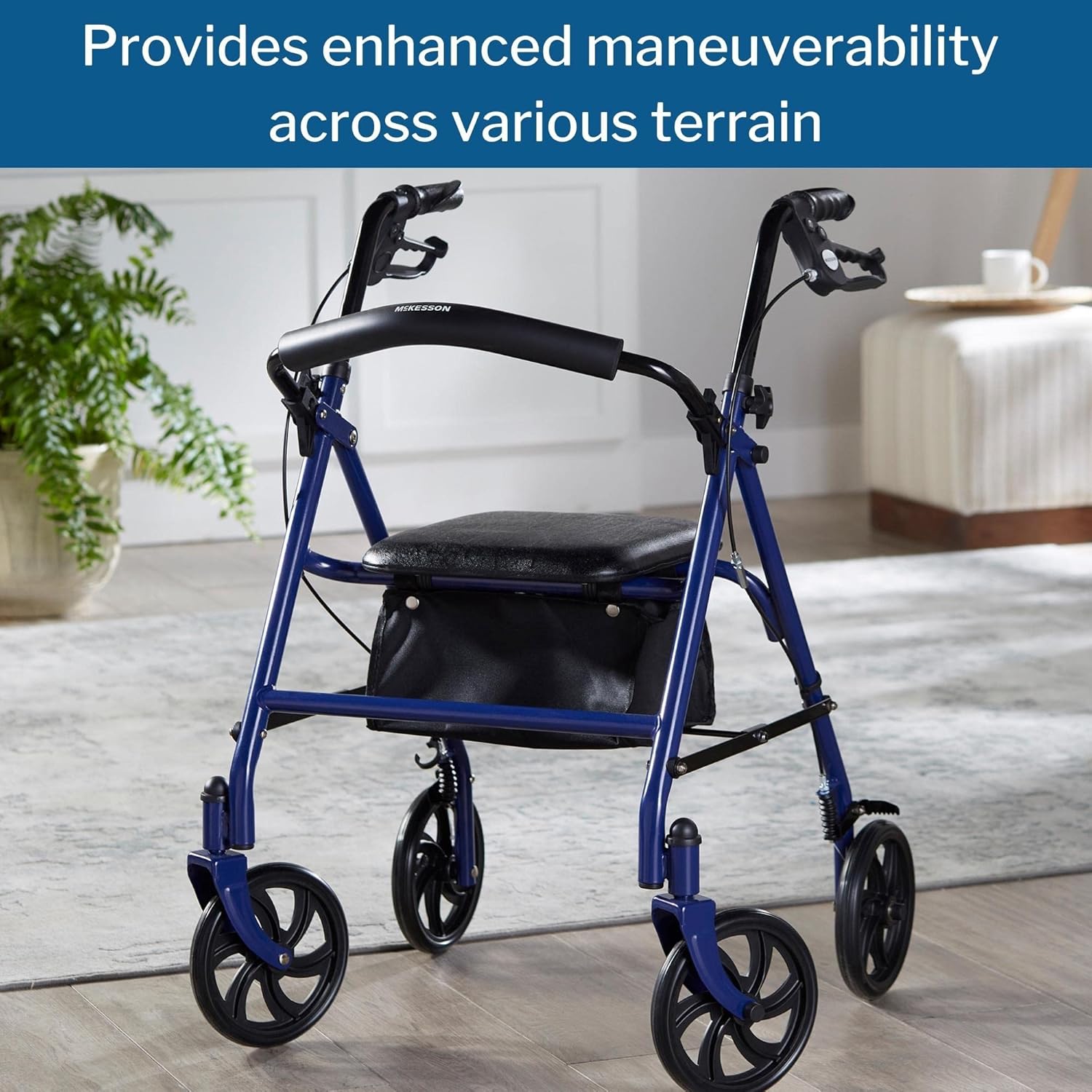 4 Wheel Rollator McKesson Blue Adjustable Height / Folding Aluminum Frame