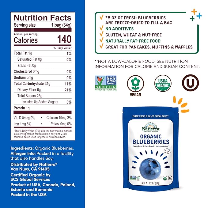 Natierra Fruit - Organic - Freeze Dried - Blueberries - 1.2 Oz - Case Of 12