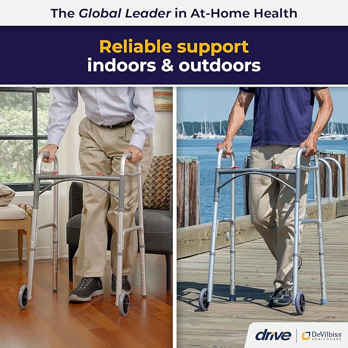 Deluxe Dual Release Folding Walker with Wheels Adjustable Height drive Deluxe Aluminum Frame 350 lbs. Weight Capacity 25 to 32-1/4 Inch Height, Packaging Type- Each