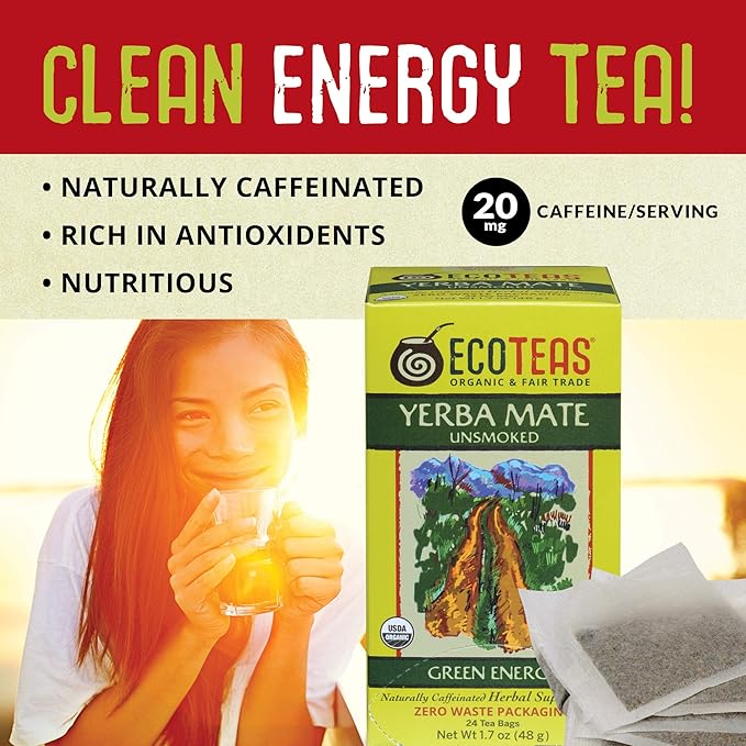 Ecoteas Organic Yerba Mate Unsmoked Green Energy Tea Bags - Case Of 6 - 24 Bags