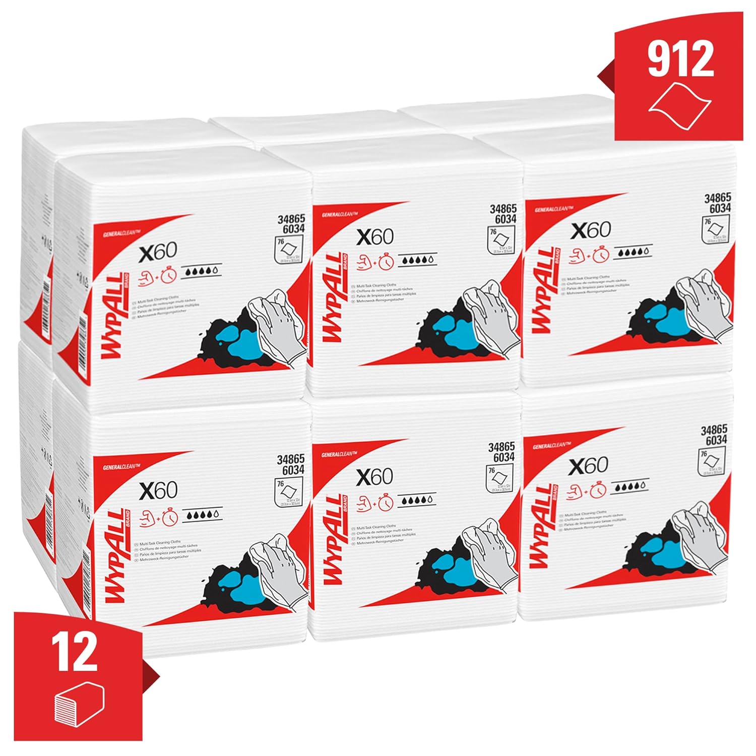 Toallita húmeda WypAll X60 de uso ligero, blanca, no estéril, de celulosa/polipropileno, 30 x 31,7 cm, reutilizable, tipo de embalaje: caja