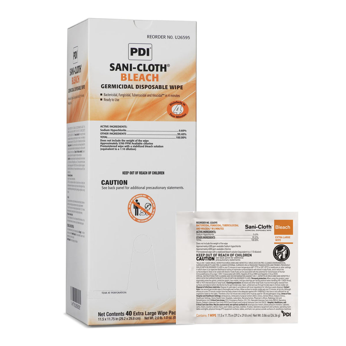 Sani-Cloth Bleach Surface Disinfectant Cleaner Premoistened Germicidal Manual Pull Wipe 40 Count Individual Packet Chlorine Scent NonSterile Each