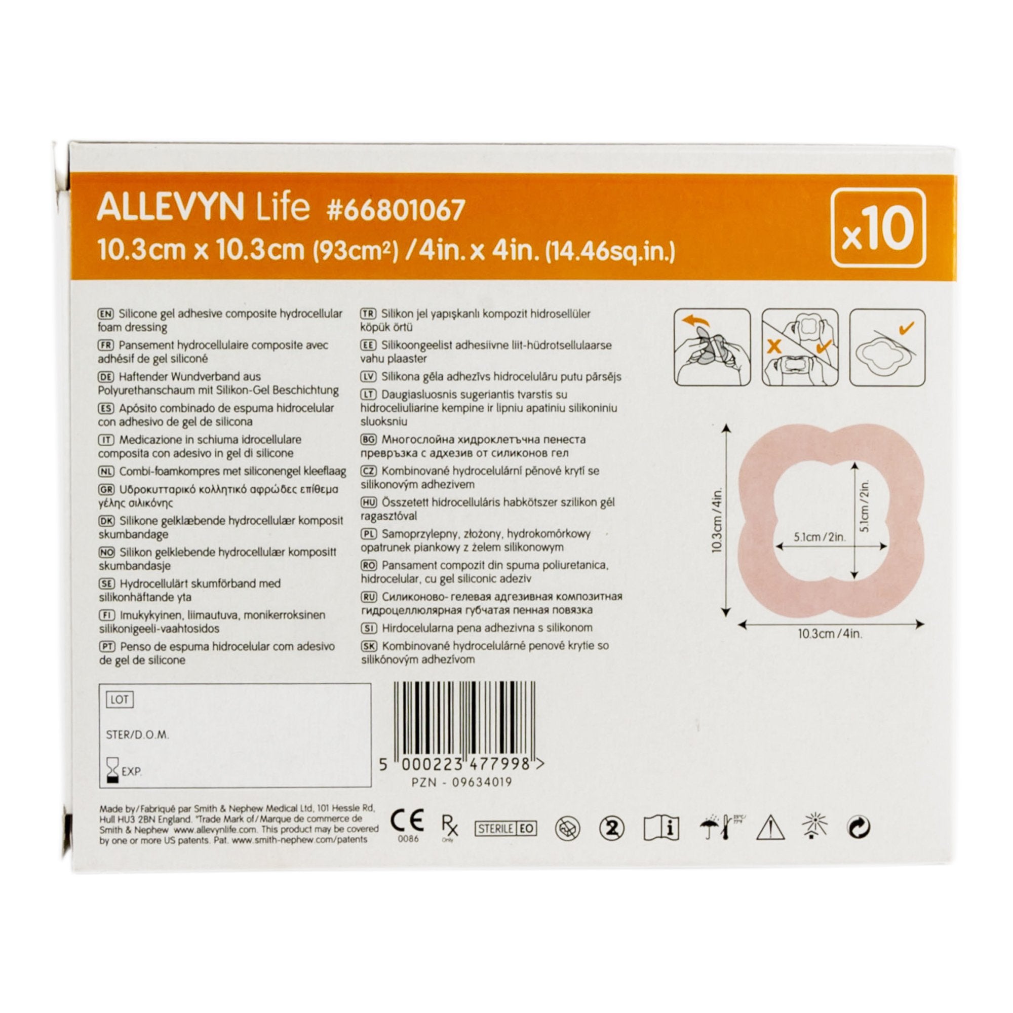 Apósito de espuma Allevyn Life de 10 x 10 cm con borde, reverso de película, adhesivo de gel de silicona, cuadrilobulado, estéril. Tipo de embalaje: caja de 10.