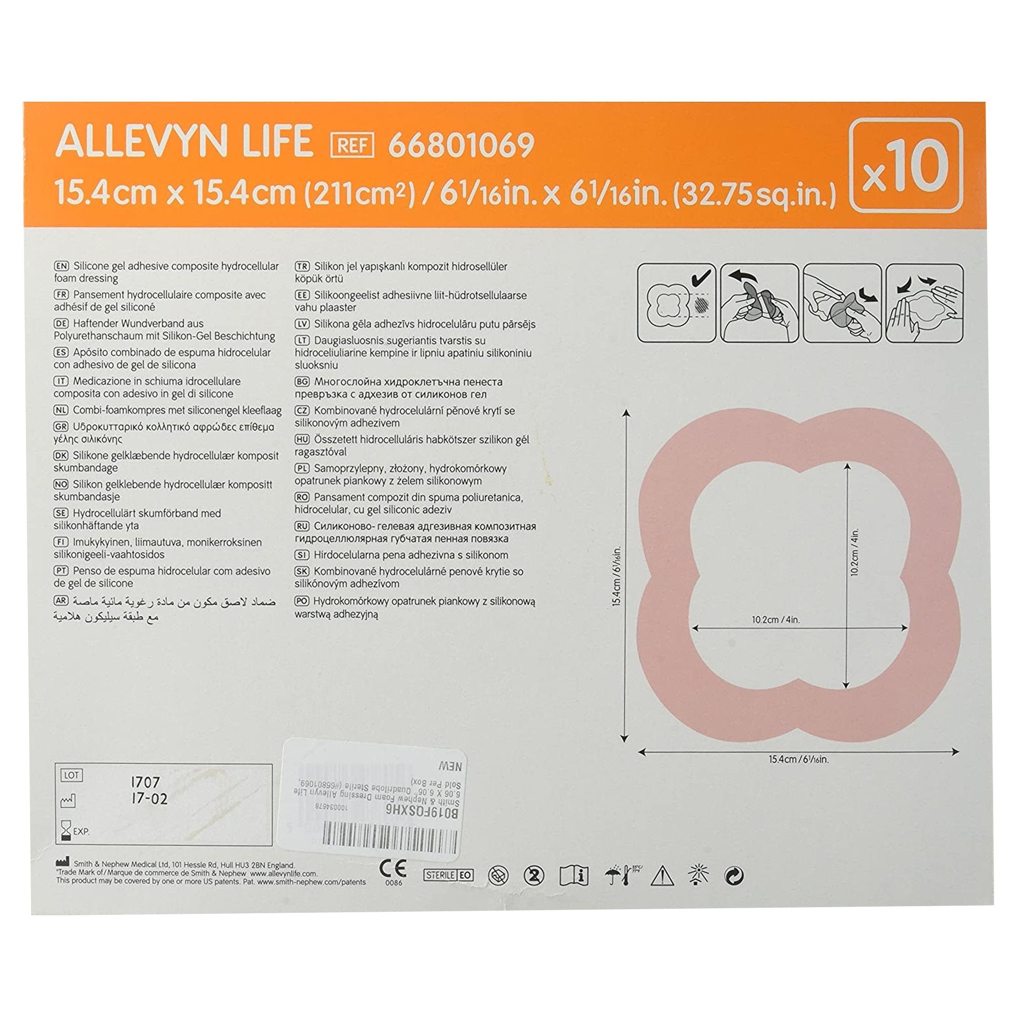 Apósito de espuma Allevyn Life de 15,2 x 15,2 cm con borde, reverso de película, adhesivo de gel de silicona, cuadrilobulado, estéril. Tipo de embalaje: caja.