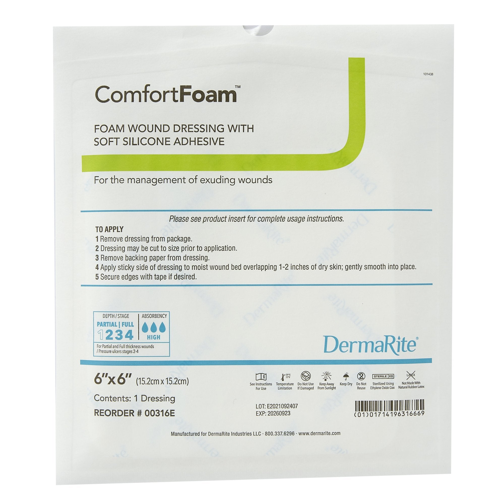 Foam Dressing ComfortFoam 6 X 6 Inch Without Border Film Backing Silicone Face Square Sterile,Packaging Type- Box