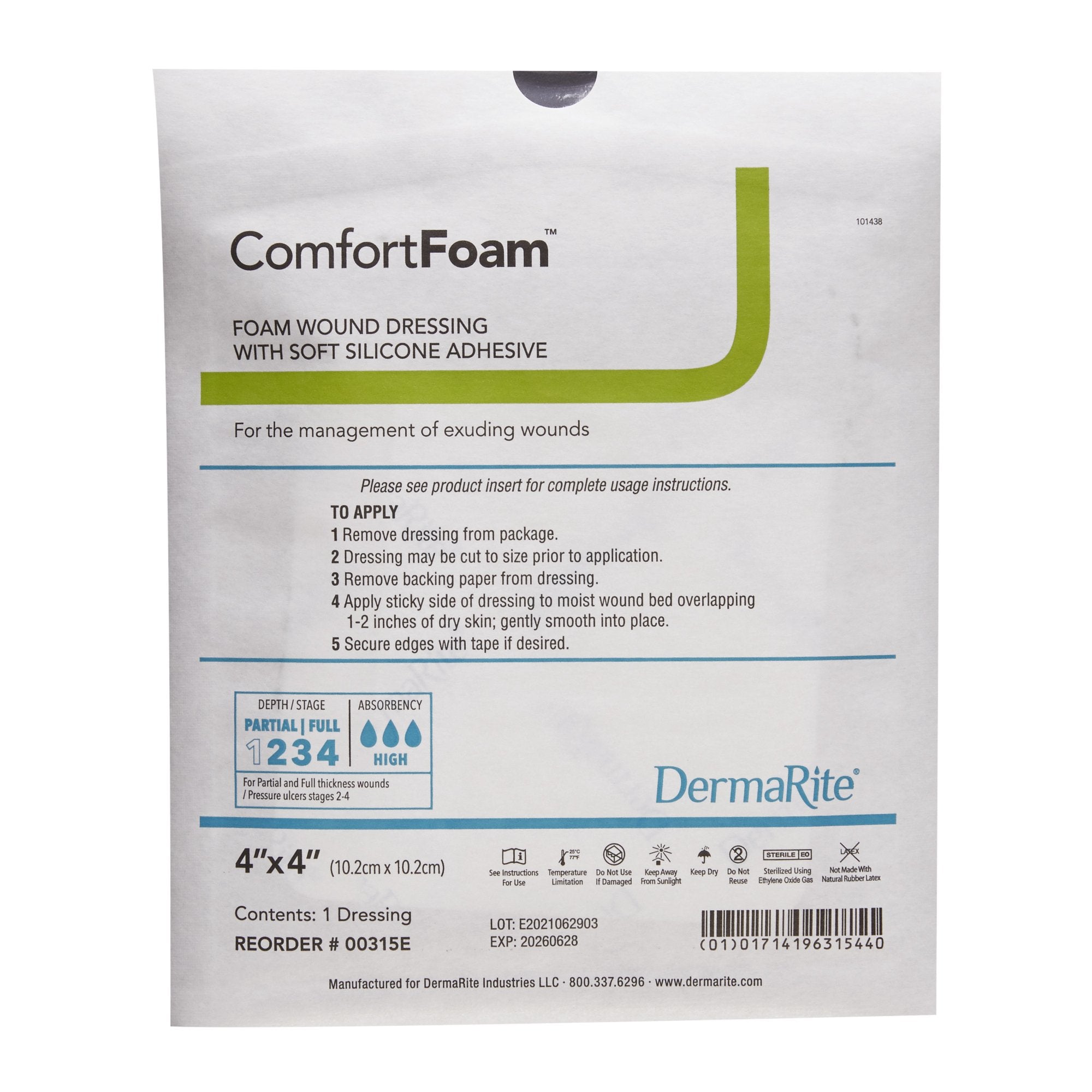 Foam Dressing ComfortFoam 4 X 4 Inch Without Border Film Backing Silicone Face Square Sterile,Packaging Type- Box