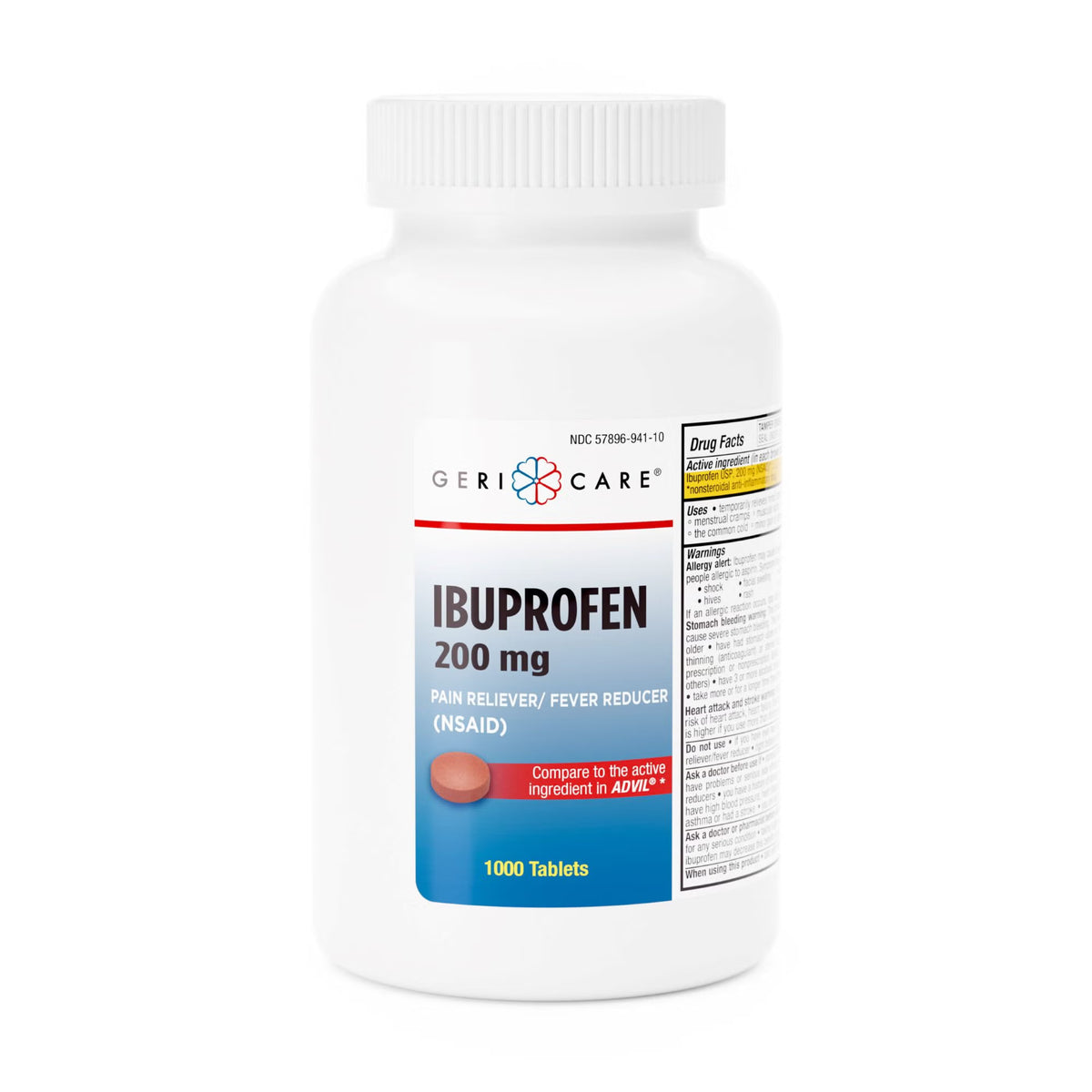Pain Relief Geri-Care 200 mg Strength Ibuprofen Tablet 100 per Bottle 1000 · Case of 12000