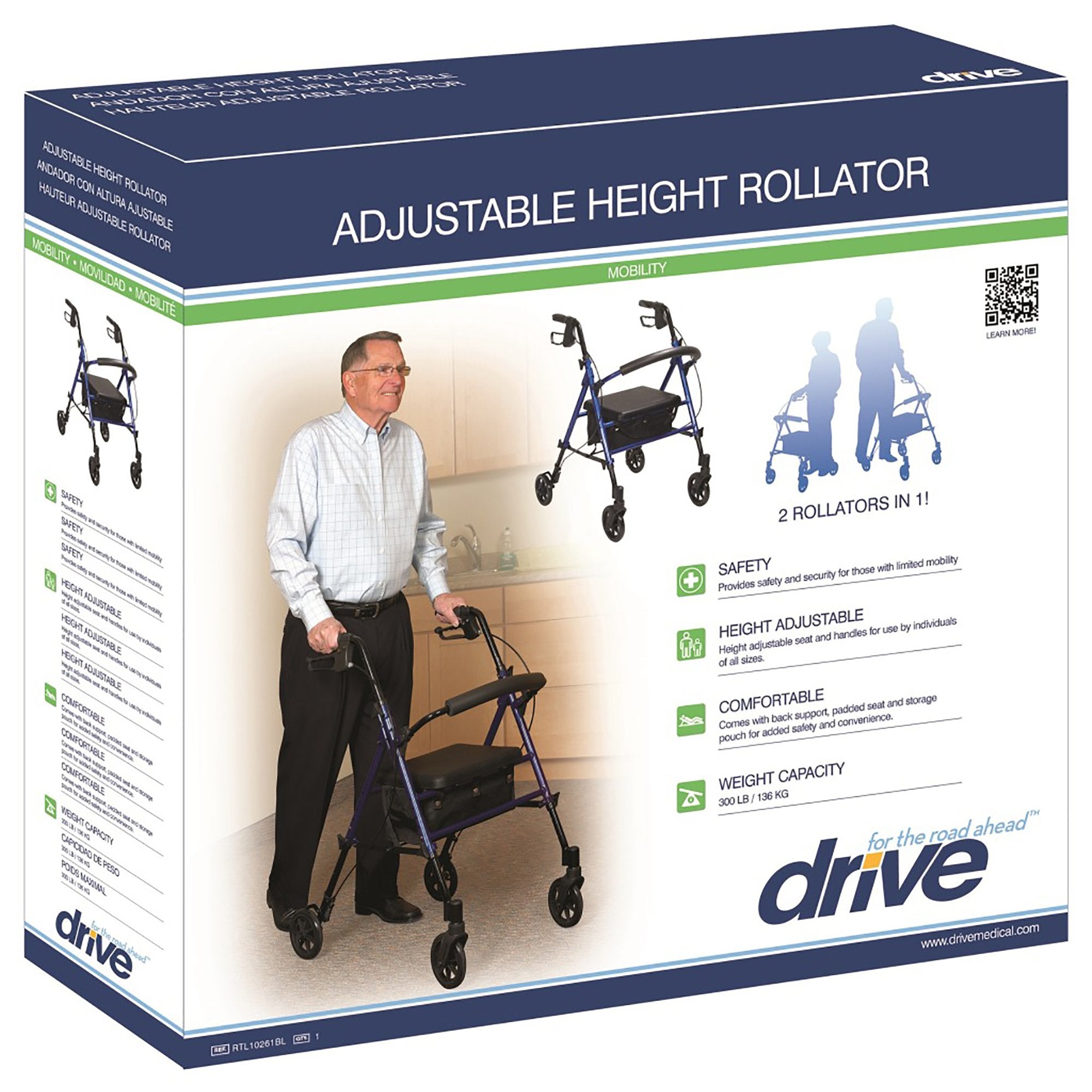 4 Wheel Rollator drive Blue Adjustable Height / Folding Aluminum Frame,Packaging Type- Each