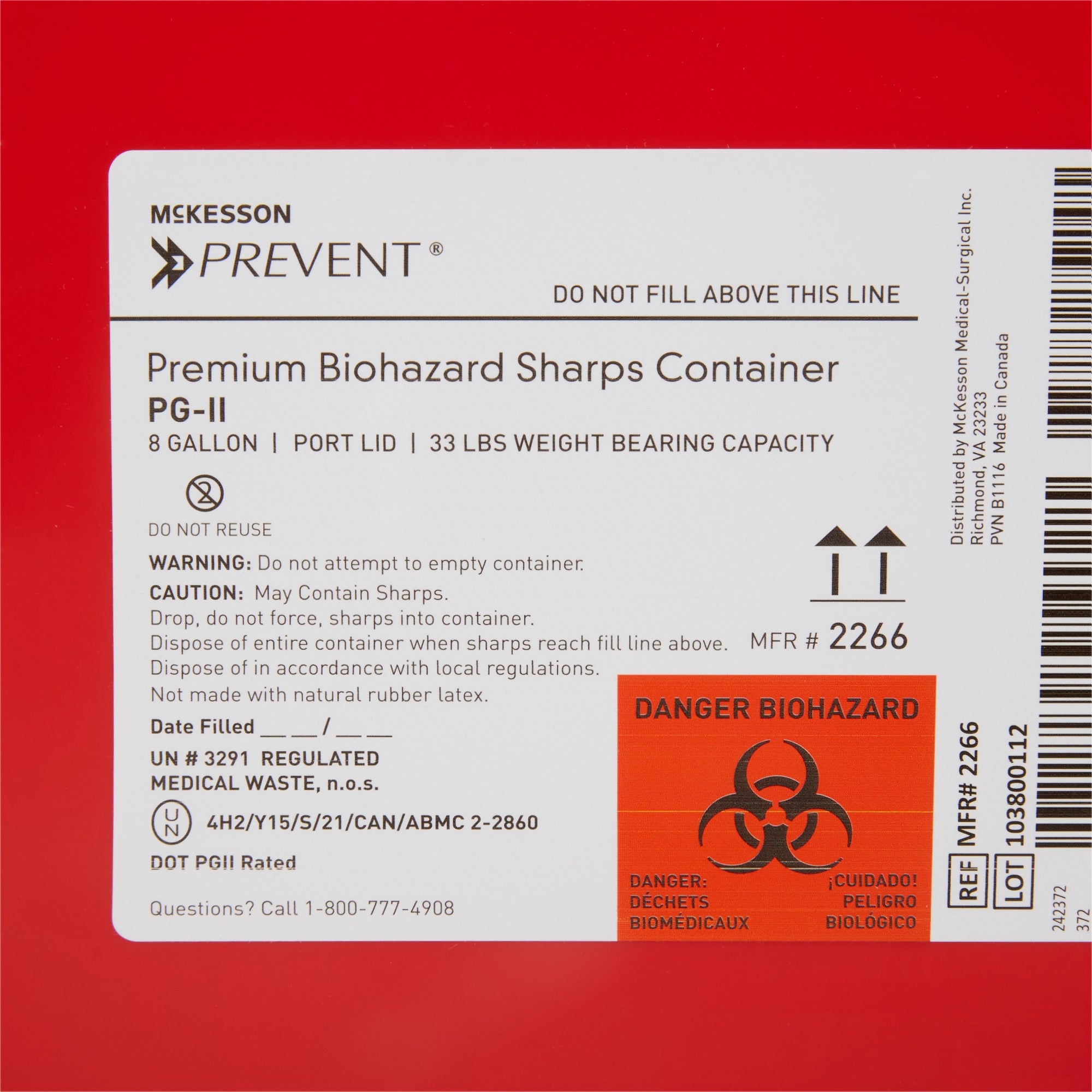 Sharps Container McKesson Prevent Red Base 13-1/2 H X 17-3/10 W X 13 L Inch Vertical Entry 8 Gallon, Packaging Type- Case