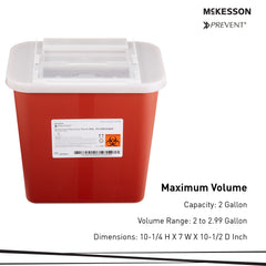 Sharps Container McKesson Prevent Red Base 10-1/4 H X 7 W X 10-1/2 D Inch Horizontal Entry 2 Gallon,  Packaging Type- Case