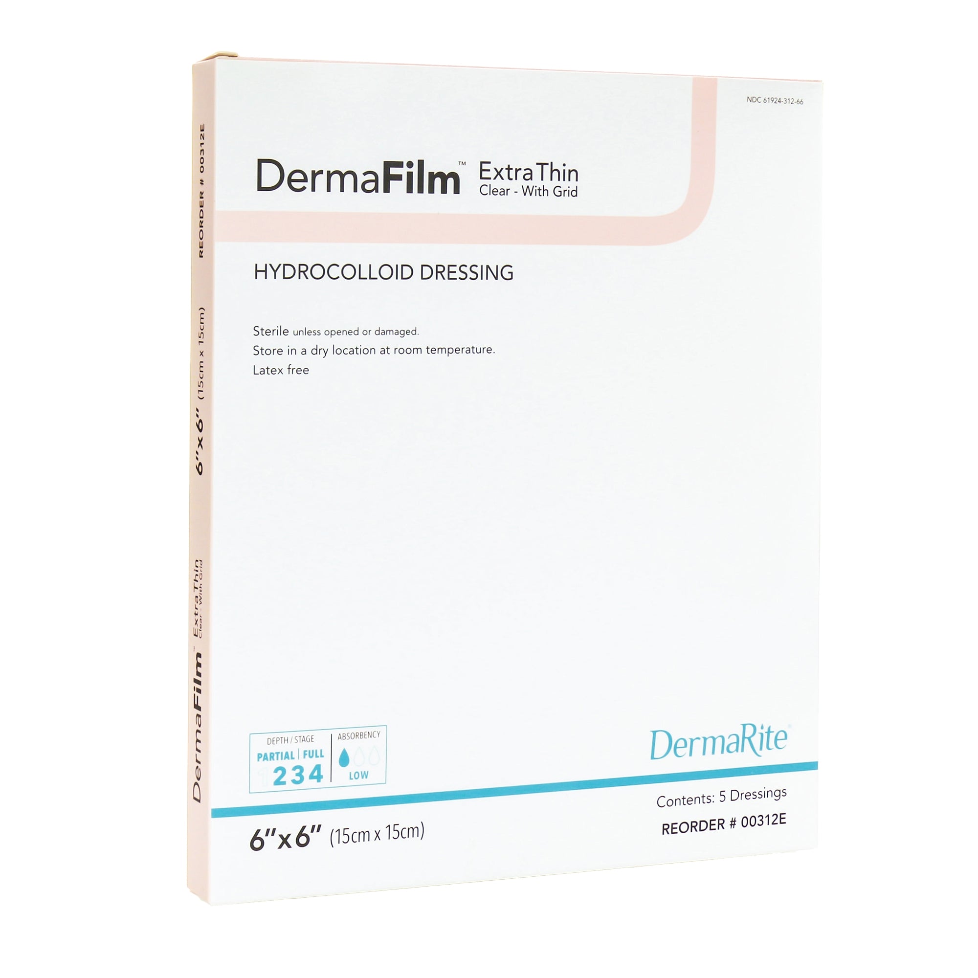DermaFilm Thin Hydrocolloid Dressing 6x6 Inch Film Backing 5/Box