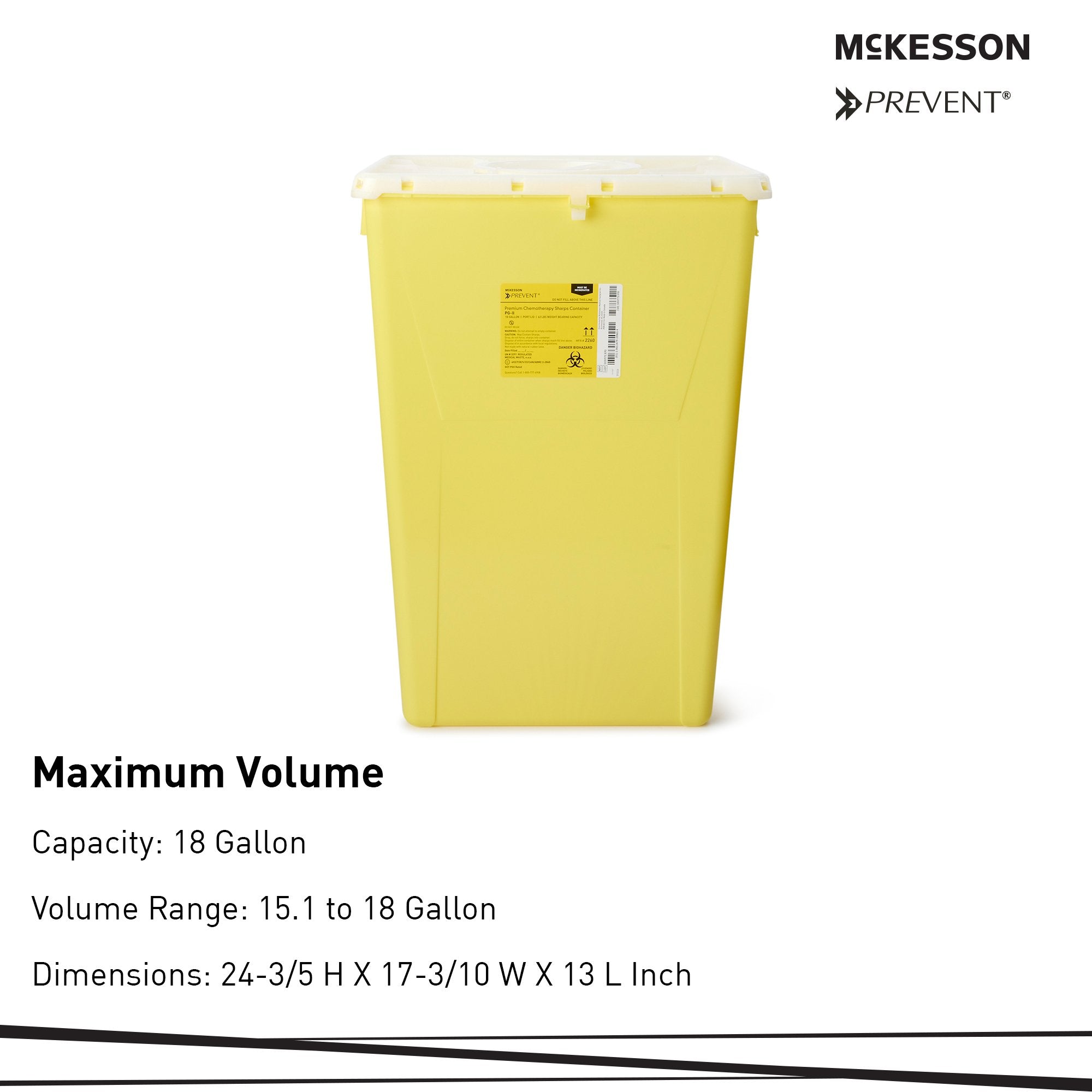 Chemotherapy Waste Container McKesson Prevent Yellow Base 24-3/5 H X 17-3/10 W X 13 L Inch Vertical Entry 18 Gallon,Packaging Type- Each