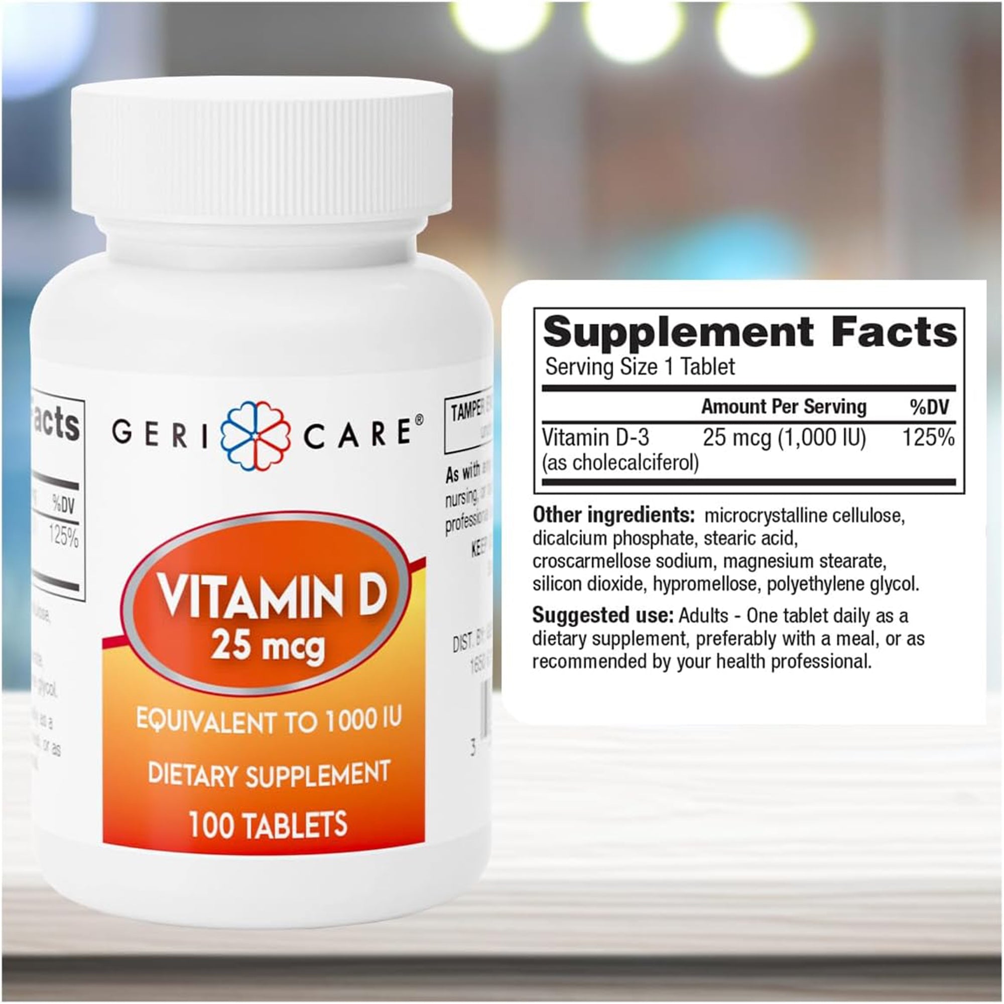 Vitamin Supplement Geri-Care® Vitamin D3 1,000 IU Strength Tablet 100 per Bottle