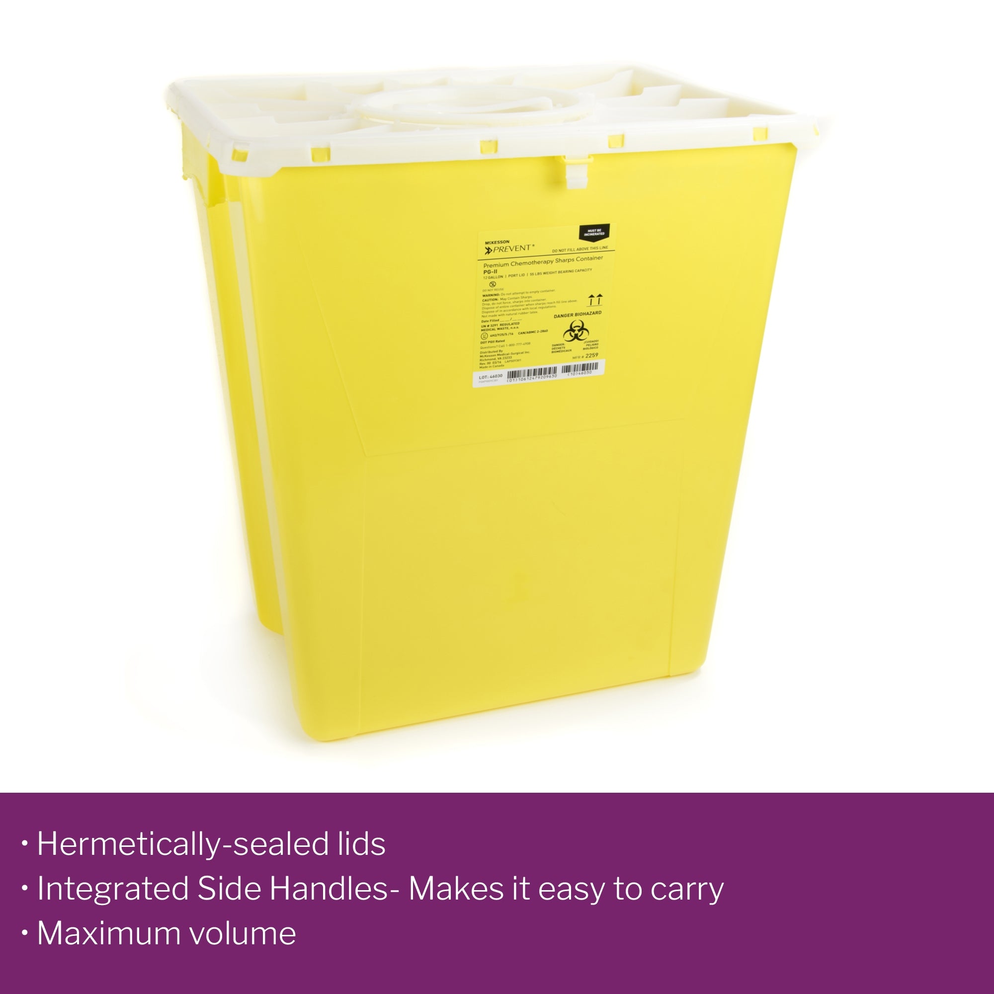 Chemotherapy Waste Container McKesson Prevent Yellow Base 20-4/5 H X 17-3/10 W X 13 L Inch Vertical Entry 12 Gallon, Packaging Type- Case