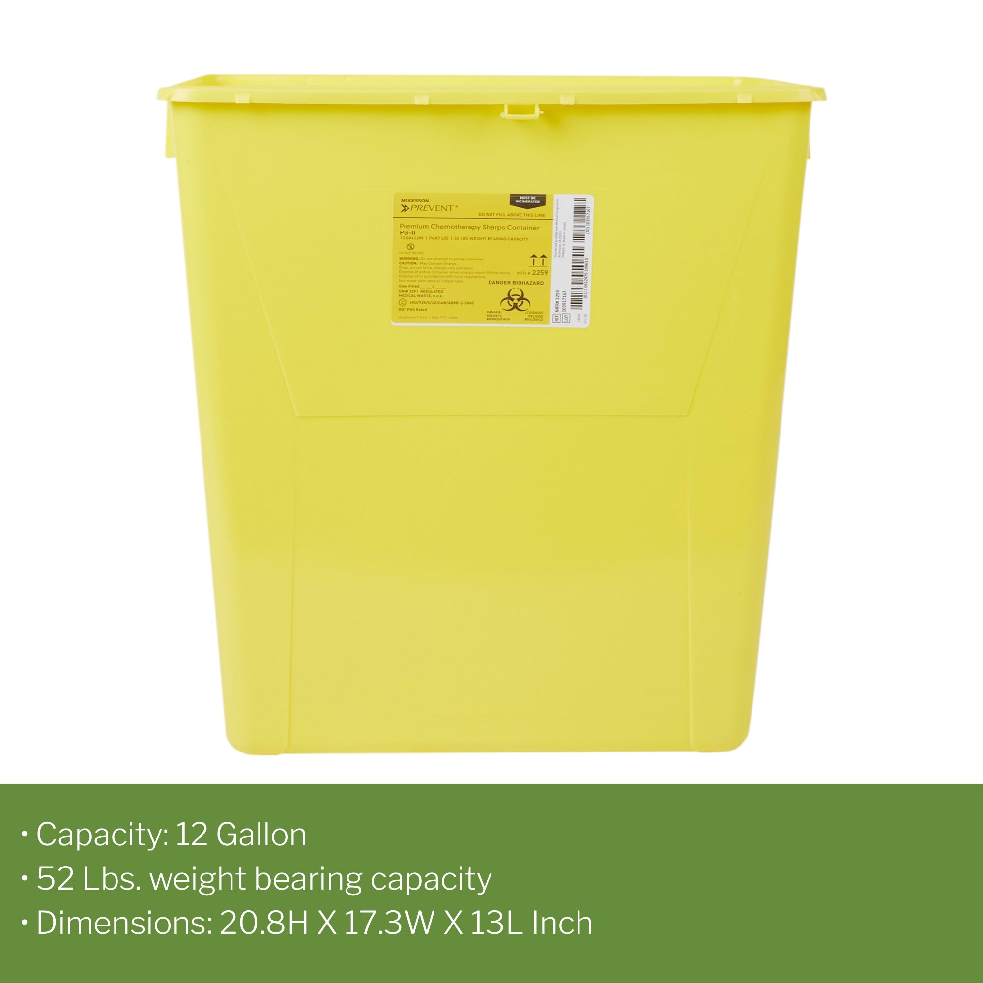 Chemotherapy Waste Container McKesson Prevent Yellow Base 20-4/5 H X 17-3/10 W X 13 L Inch Vertical Entry 12 Gallon, Packaging Type- Case