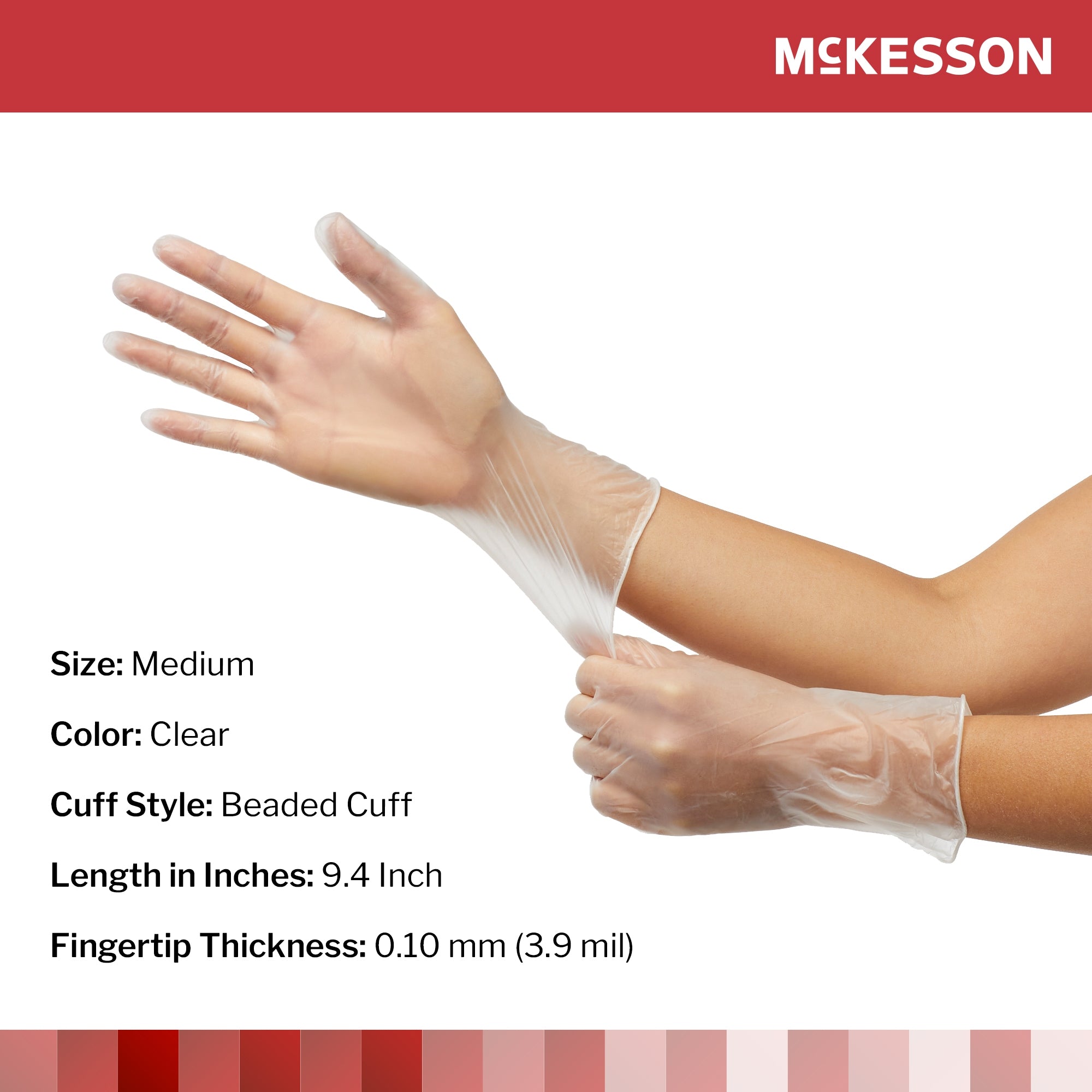 exam glove mckesson confiderm medium nonsterile vinyl standard cuff length smooth clear not rated packaging type box