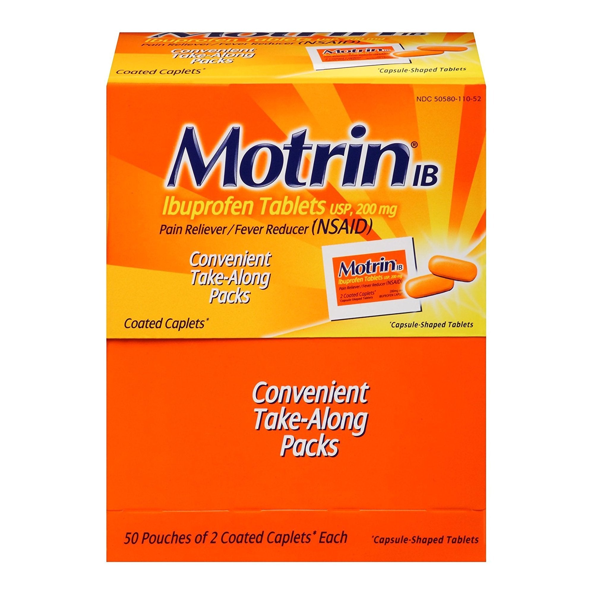 Pain Relief Motrin IB 200 mg Strength Ibuprofen Caplet 50 per Box,  Packaging Type- Case